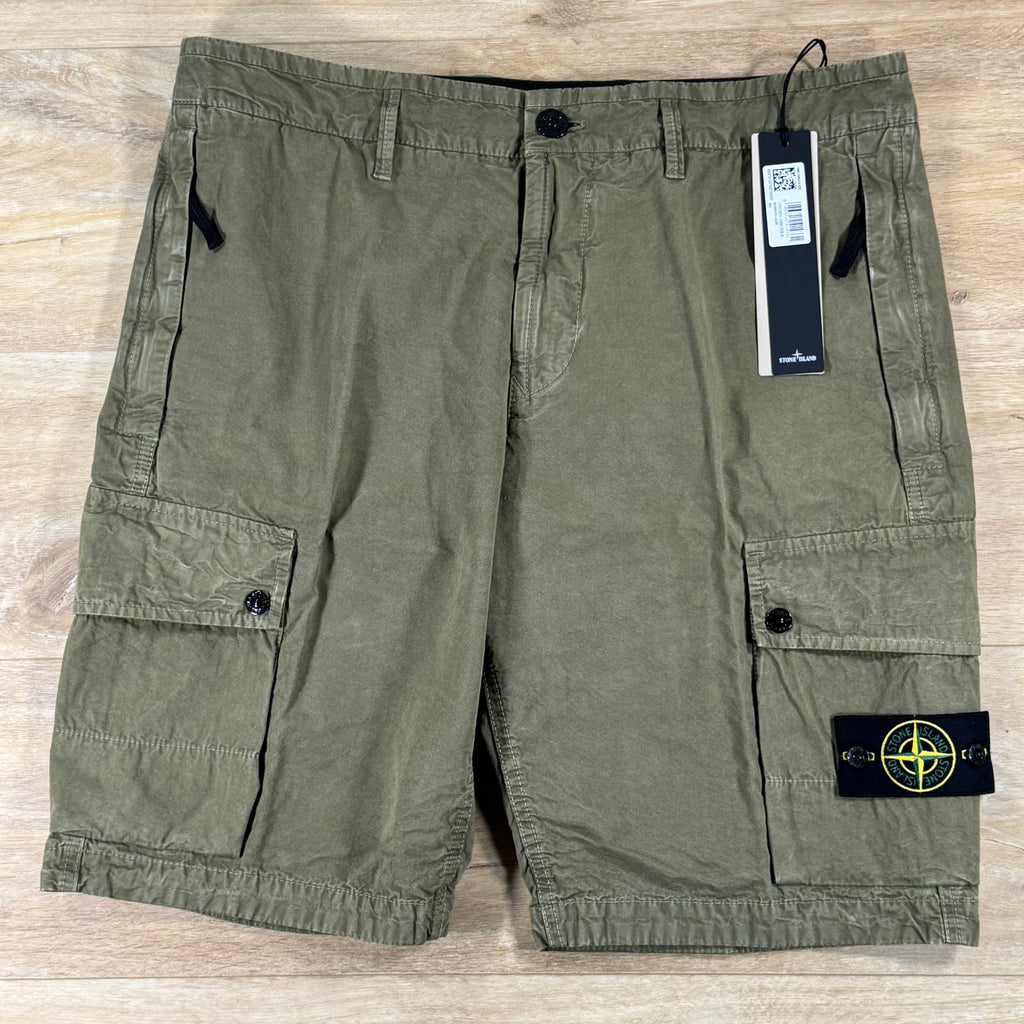 Stone Island Brushed Canvas 'Old Effect' Cargo Shorts in Military Green