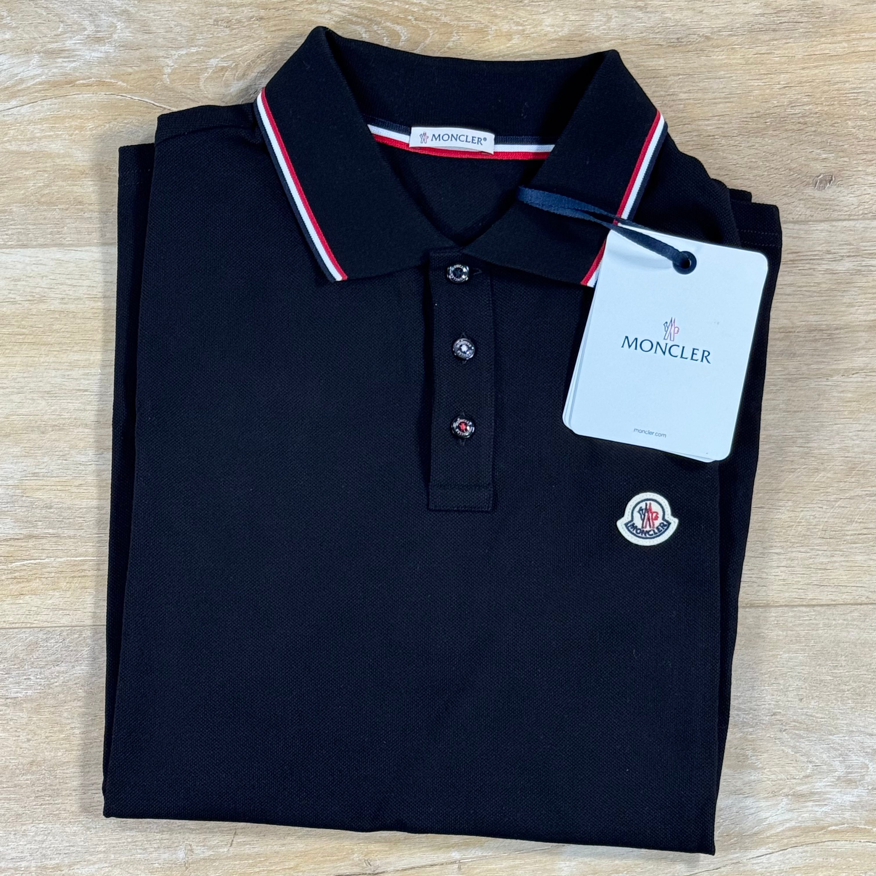Moncler Tricolour-Trimmed Cotton Piquet Polo Shirt in Black