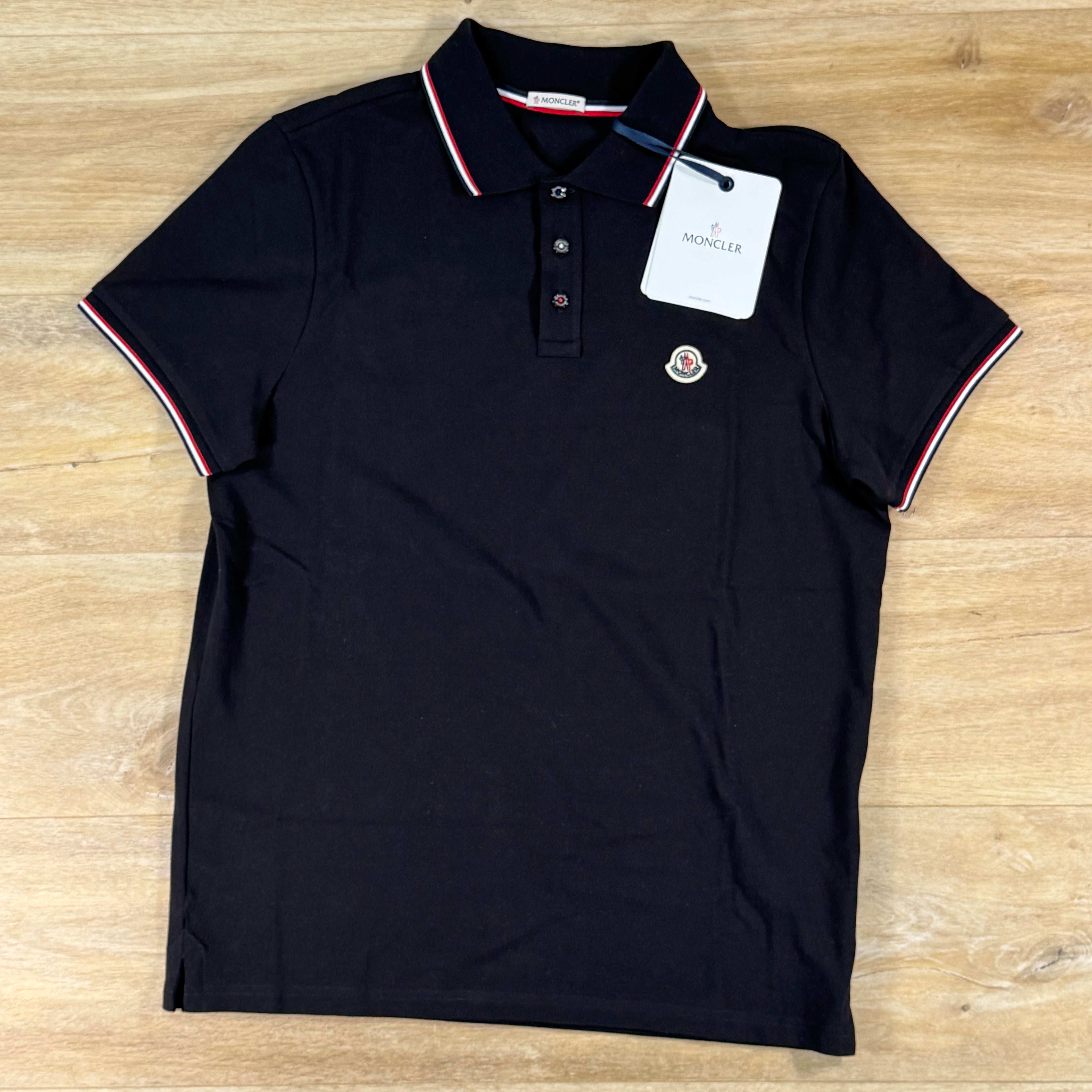 Moncler Tricolour-Trimmed Cotton Piquet Polo Shirt in Black