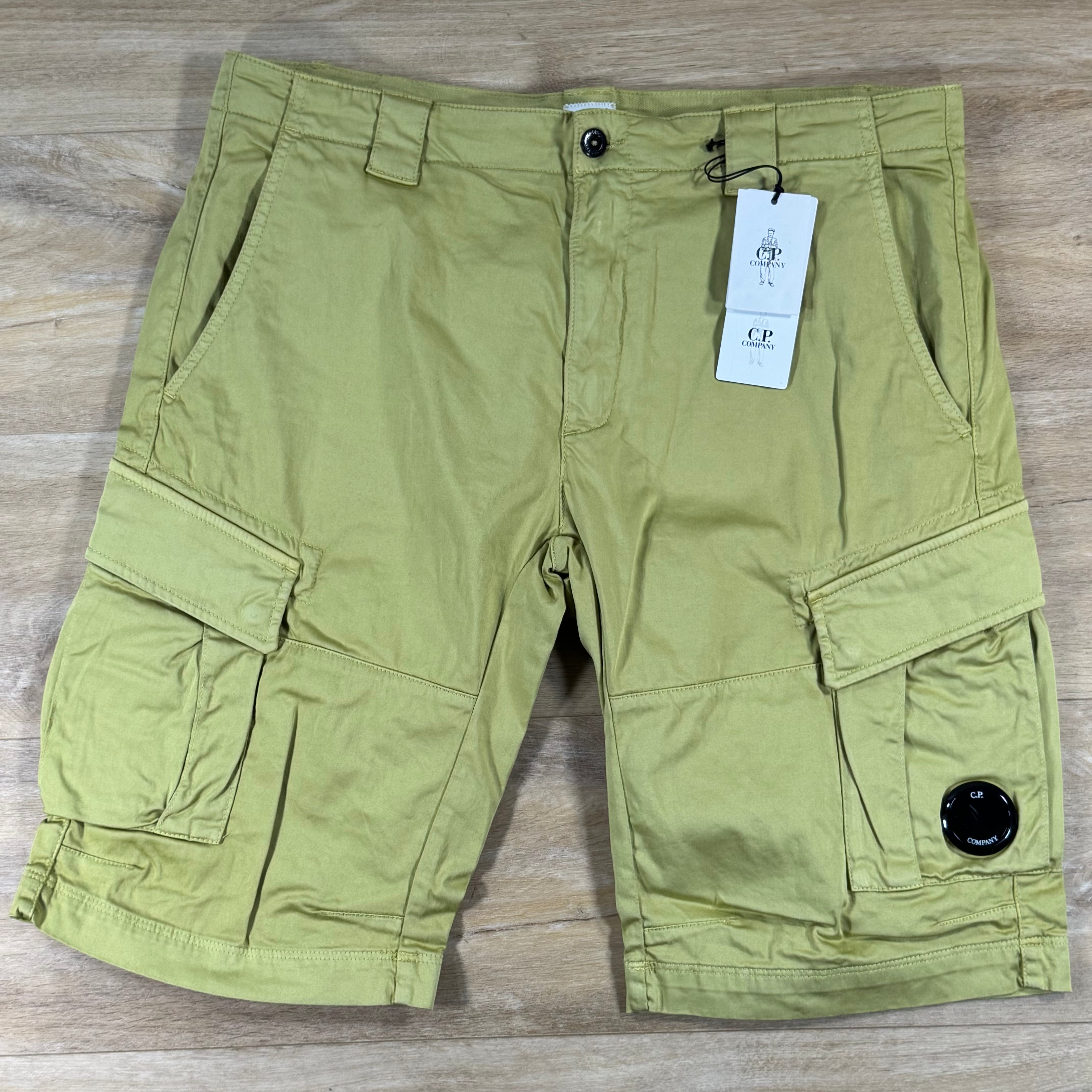 C.P. Company Stretch Sateen Cargo Lens Shorts in Burnished Gold
