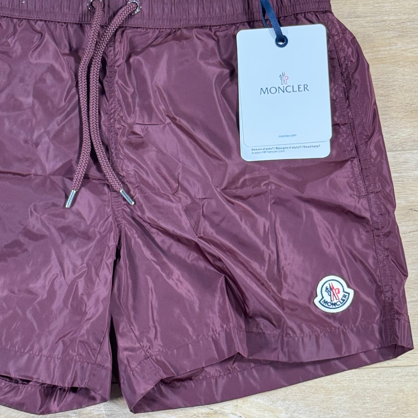 Moncler Logo Swim Shorts in Burgundy