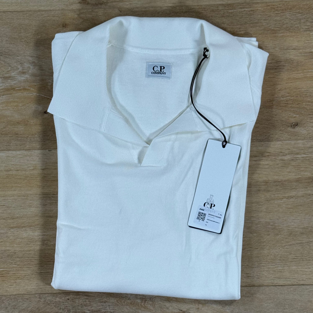 C.P. Company Cotton Crepe Short Sleeve Polo Sweater in Gauze White