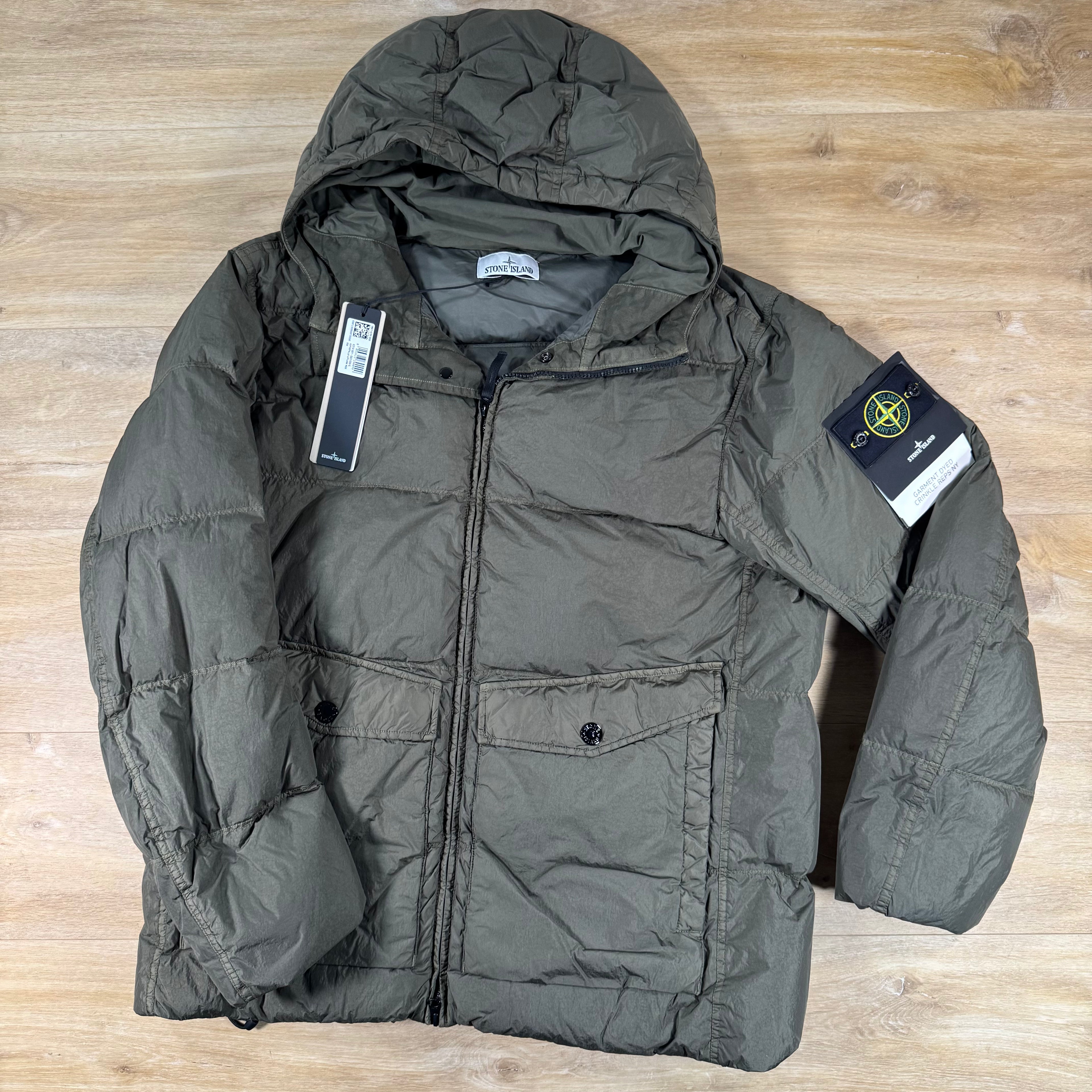 Stone Island Crinkle Reps NY Nylon Down Jacket in Military Green