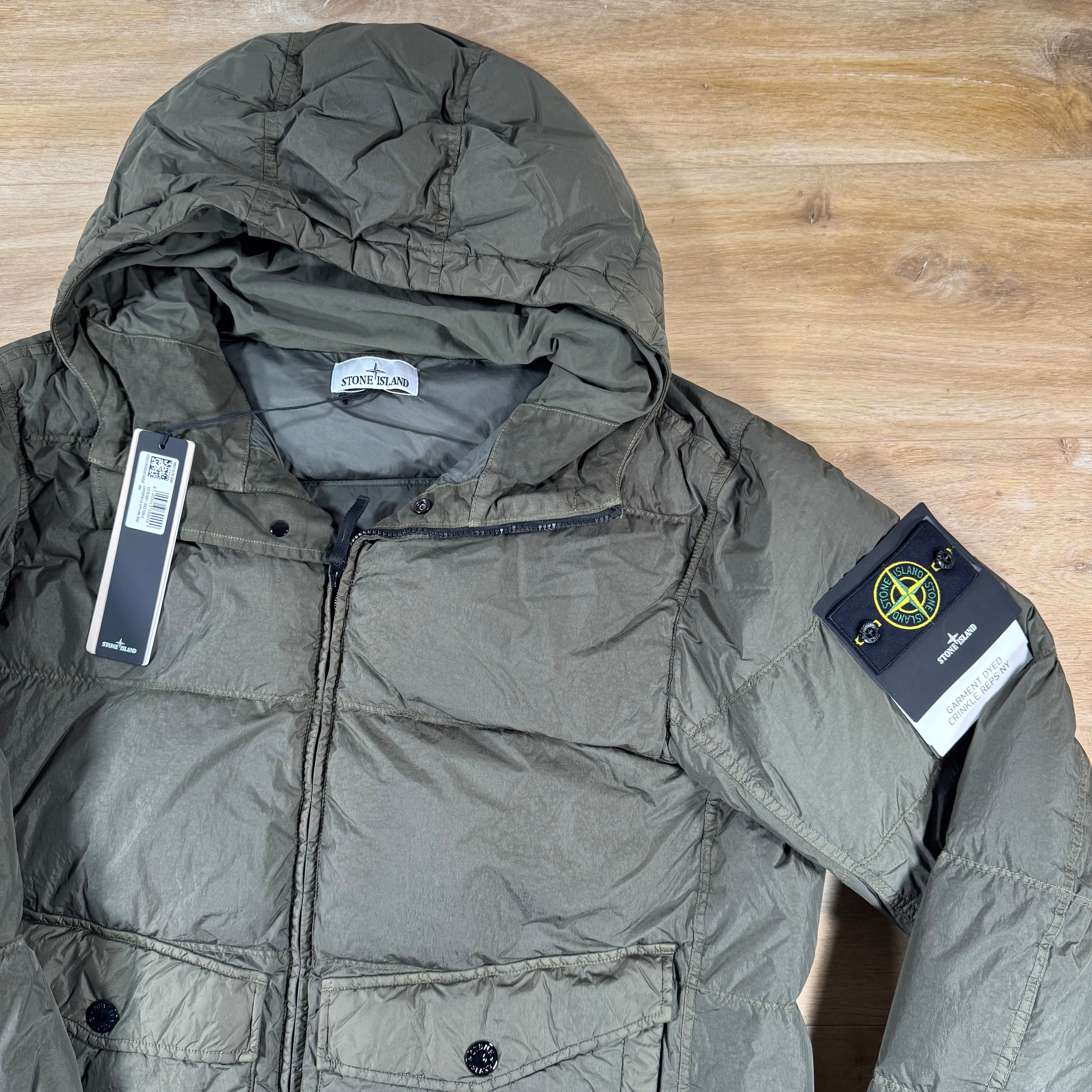 Stone Island Crinkle Reps NY Nylon Down Jacket in Military Green