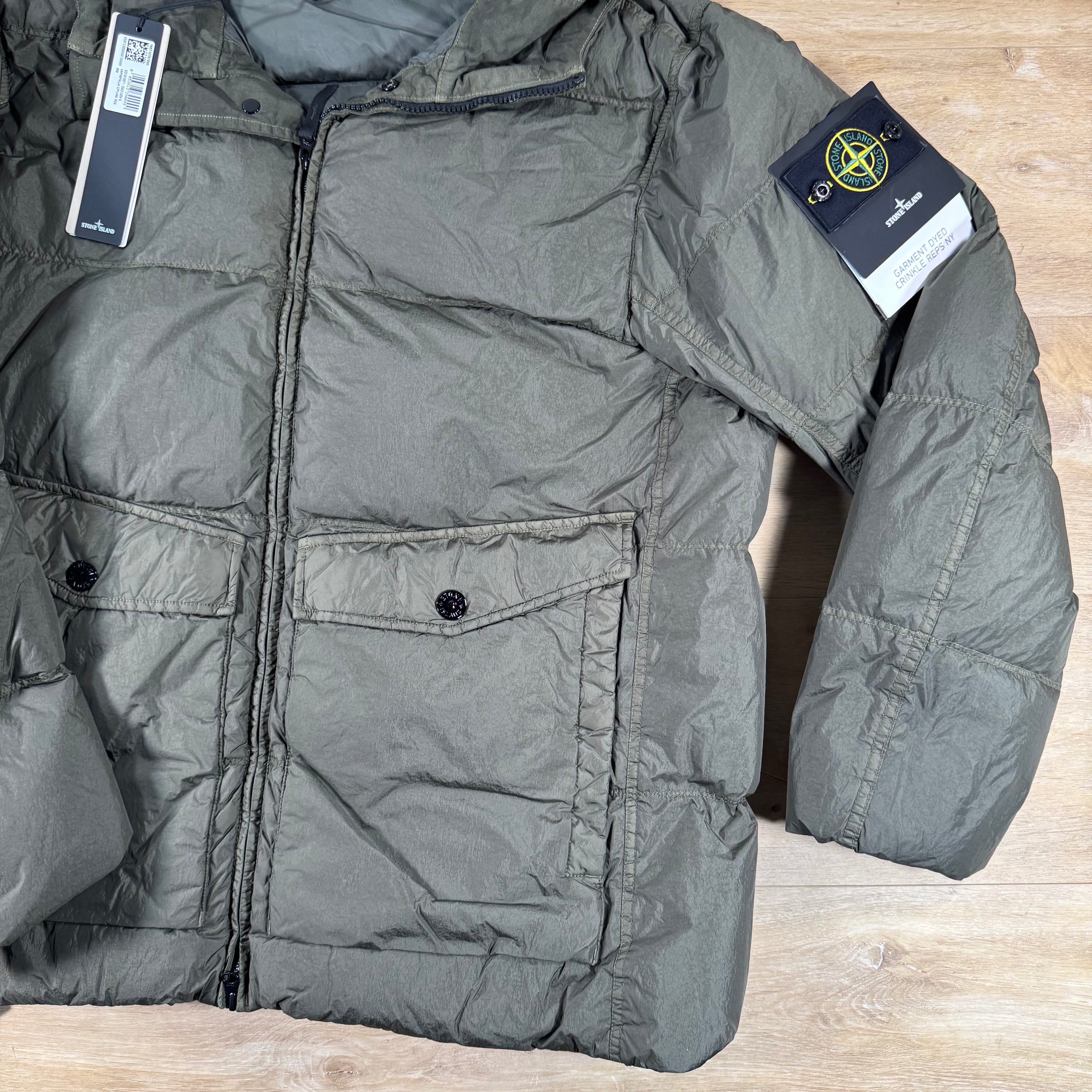 Stone Island Crinkle Reps NY Nylon Down Jacket in Military Green