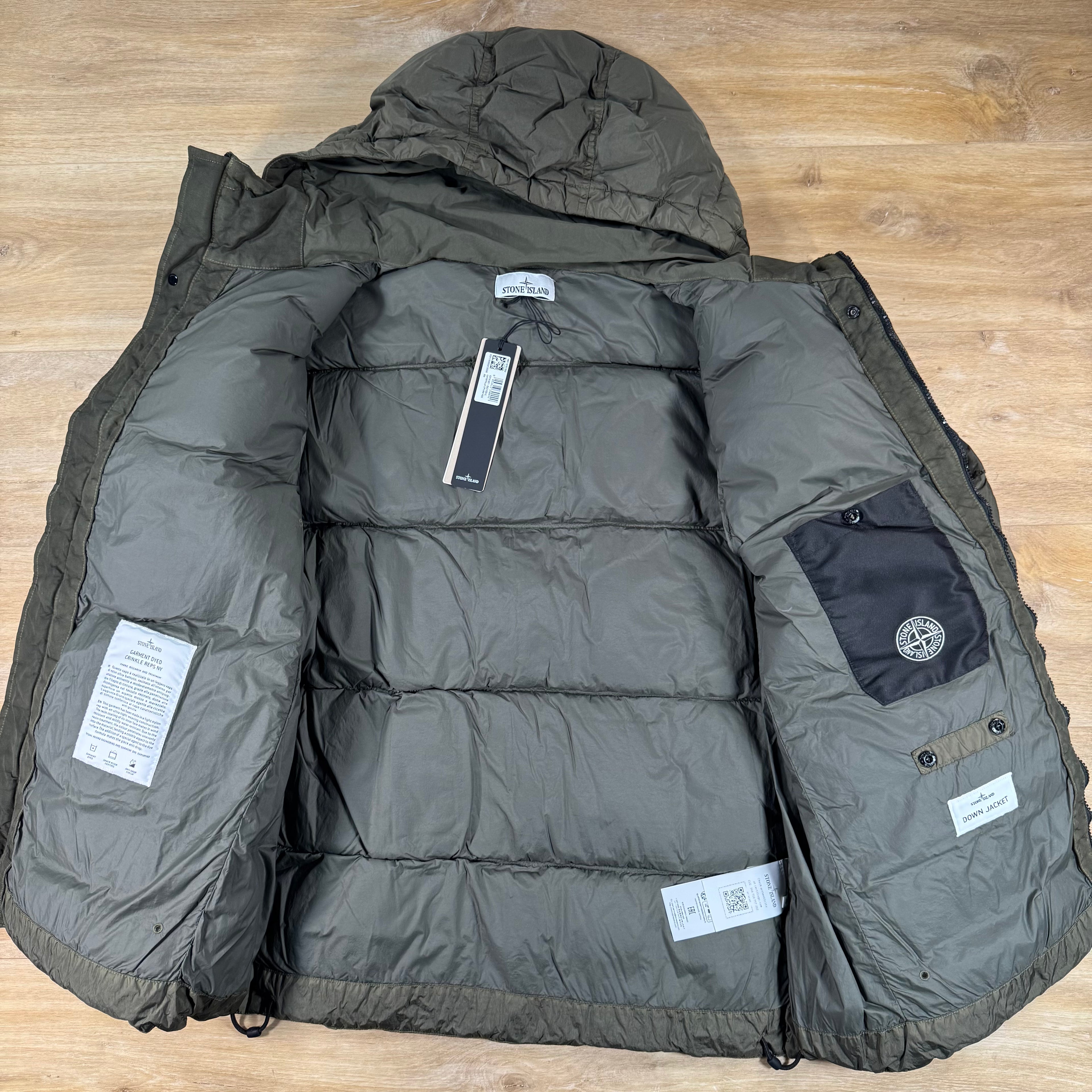 Stone Island Crinkle Reps NY Nylon Down Jacket in Military Green