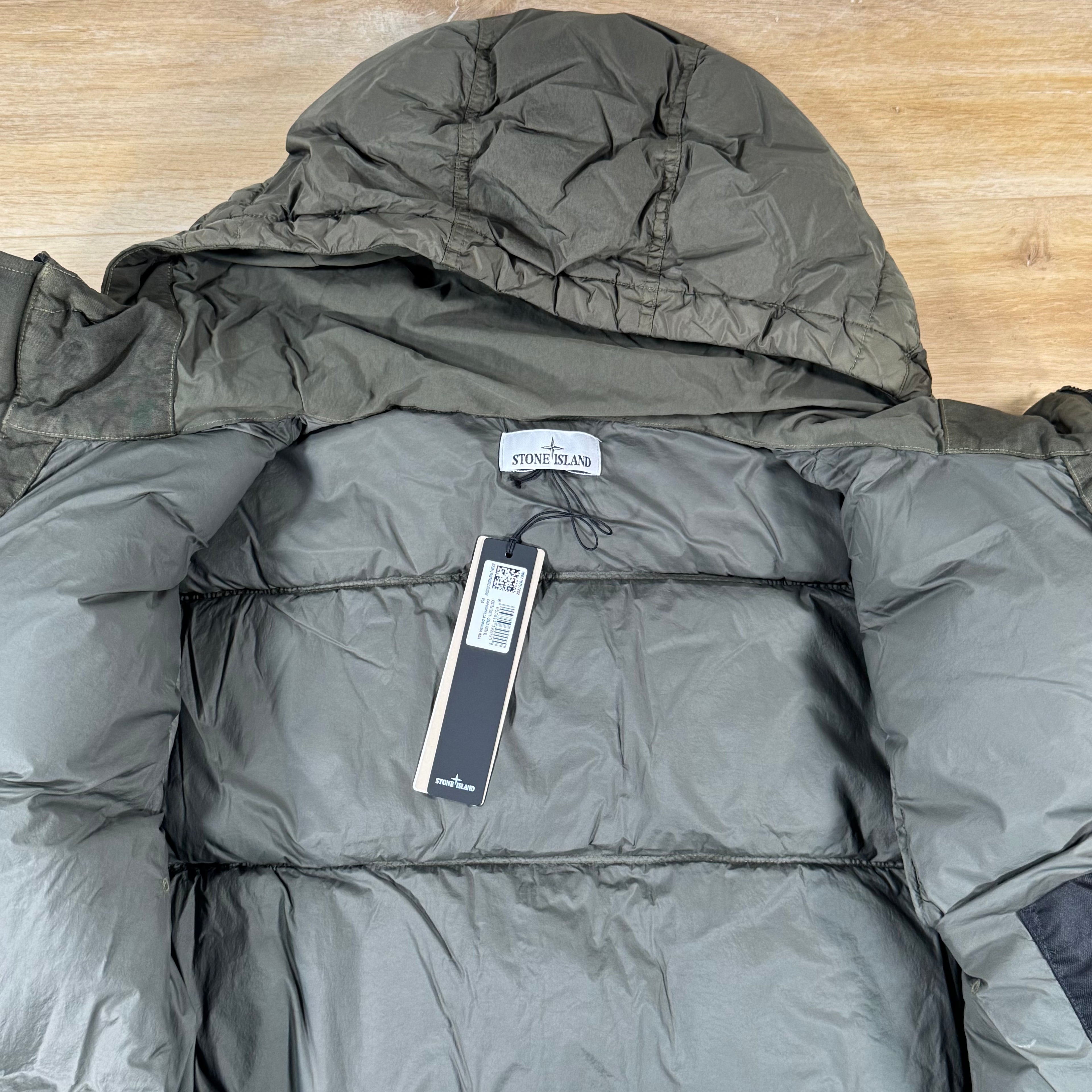 Stone Island Crinkle Reps NY Nylon Down Jacket in Military Green
