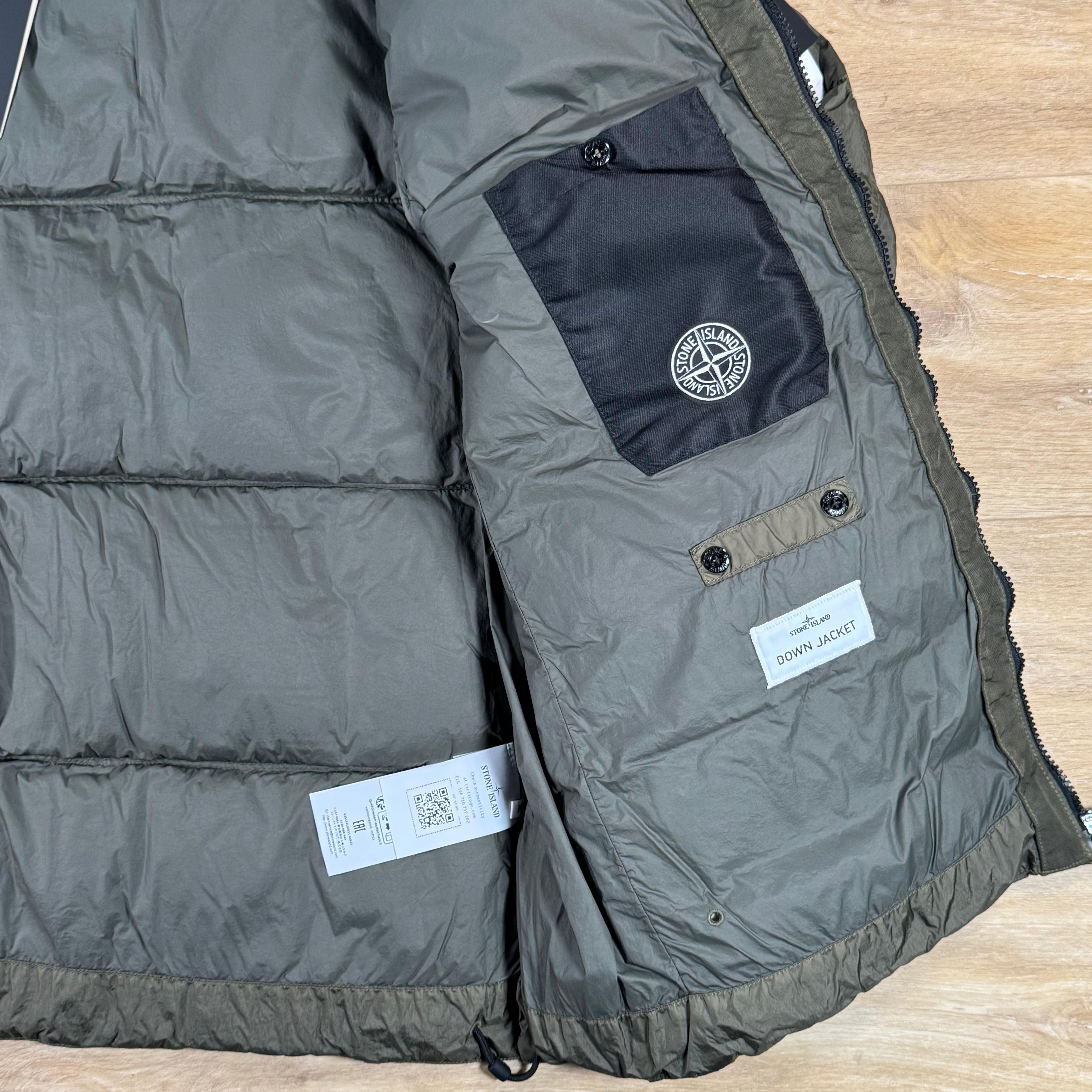 Stone Island Crinkle Reps NY Nylon Down Jacket in Military Green
