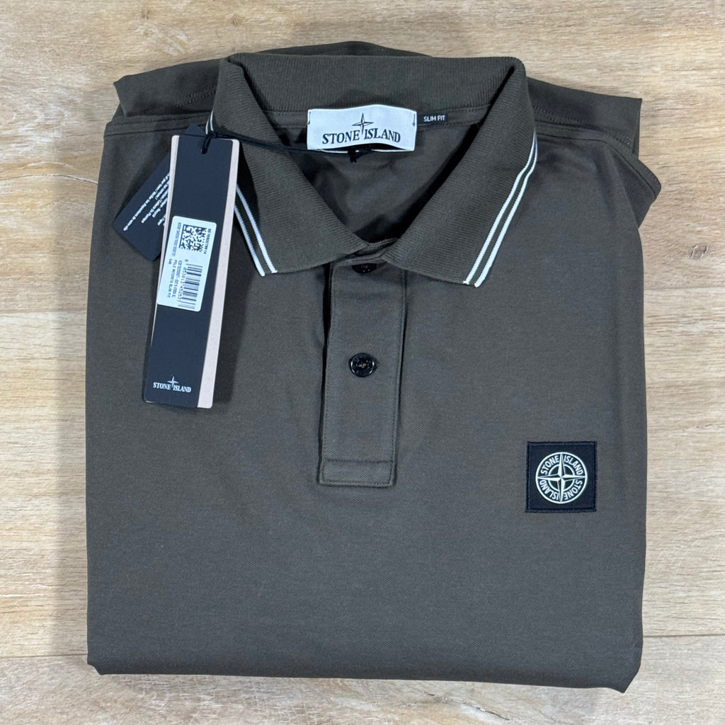 Stone Island Striped Collar Patch Logo Polo Shirt in Military Green