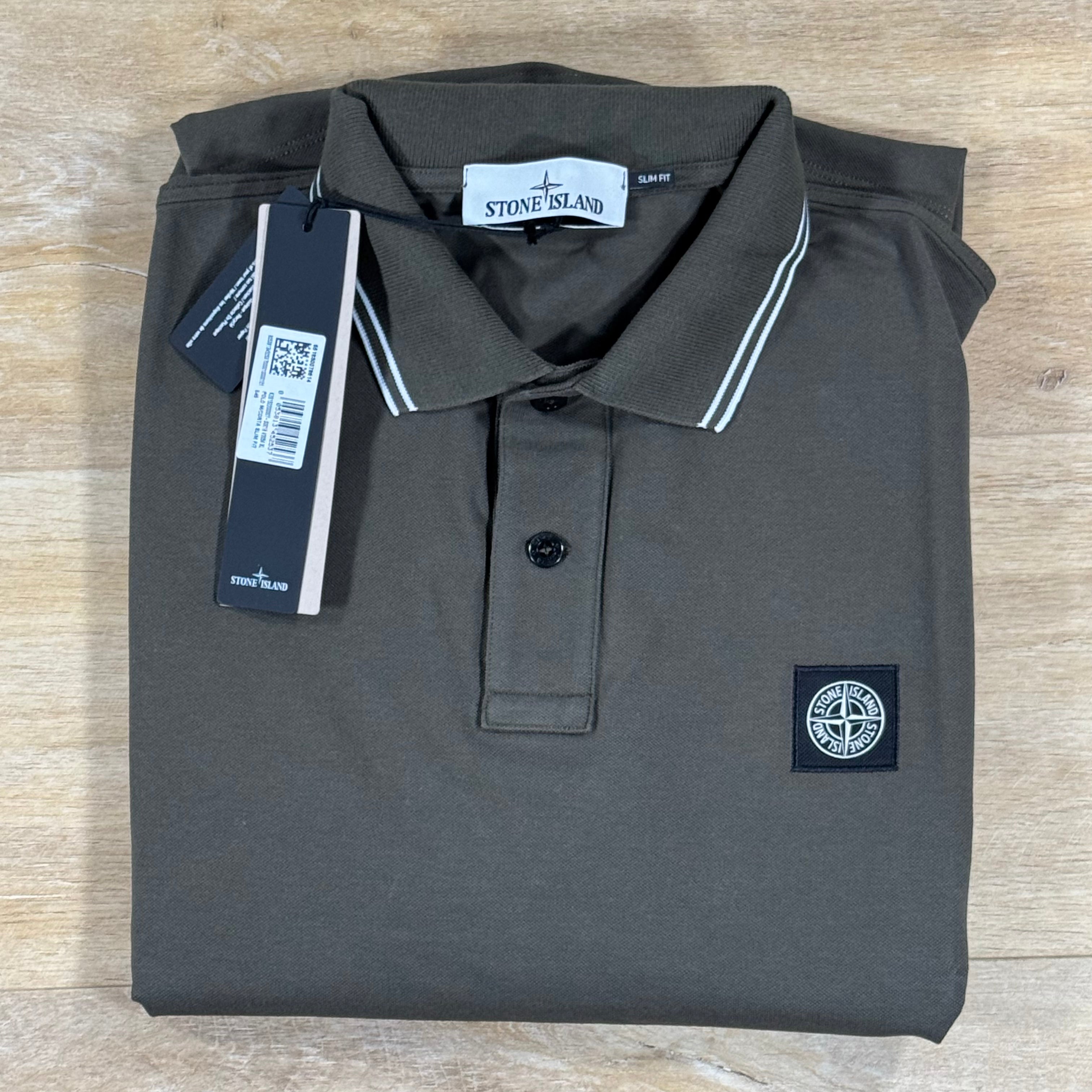 Stone Island Striped Collar Patch Logo Polo Shirt in Military Green
