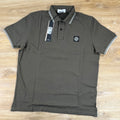 Stone Island Striped Collar Patch Logo Polo Shirt in Military Green