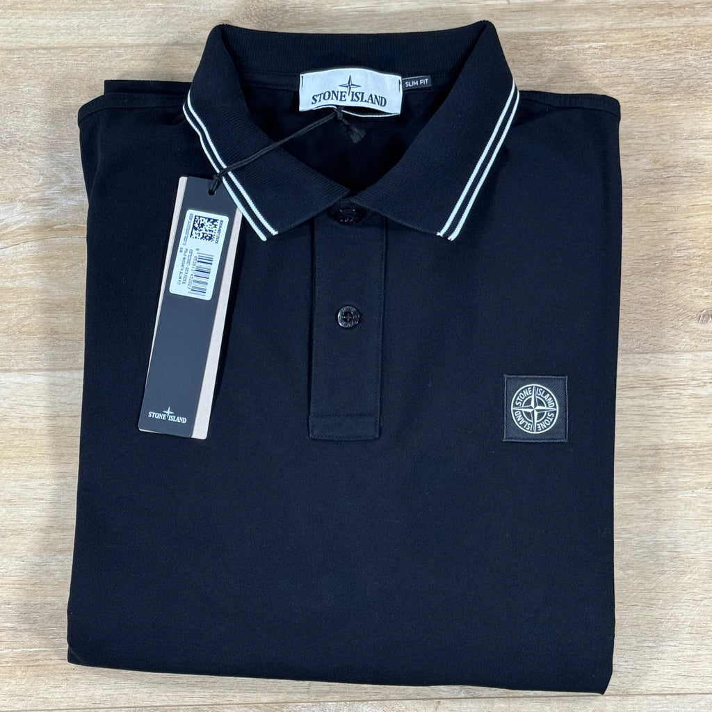 Stone Island Striped Collar Patch Logo Polo Shirt in Black