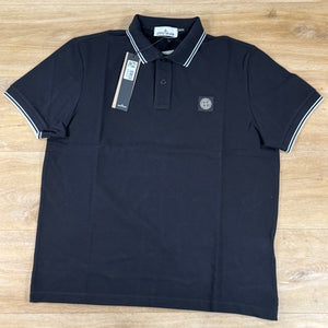 Stone Island Striped Collar Patch Logo Polo Shirt in Black