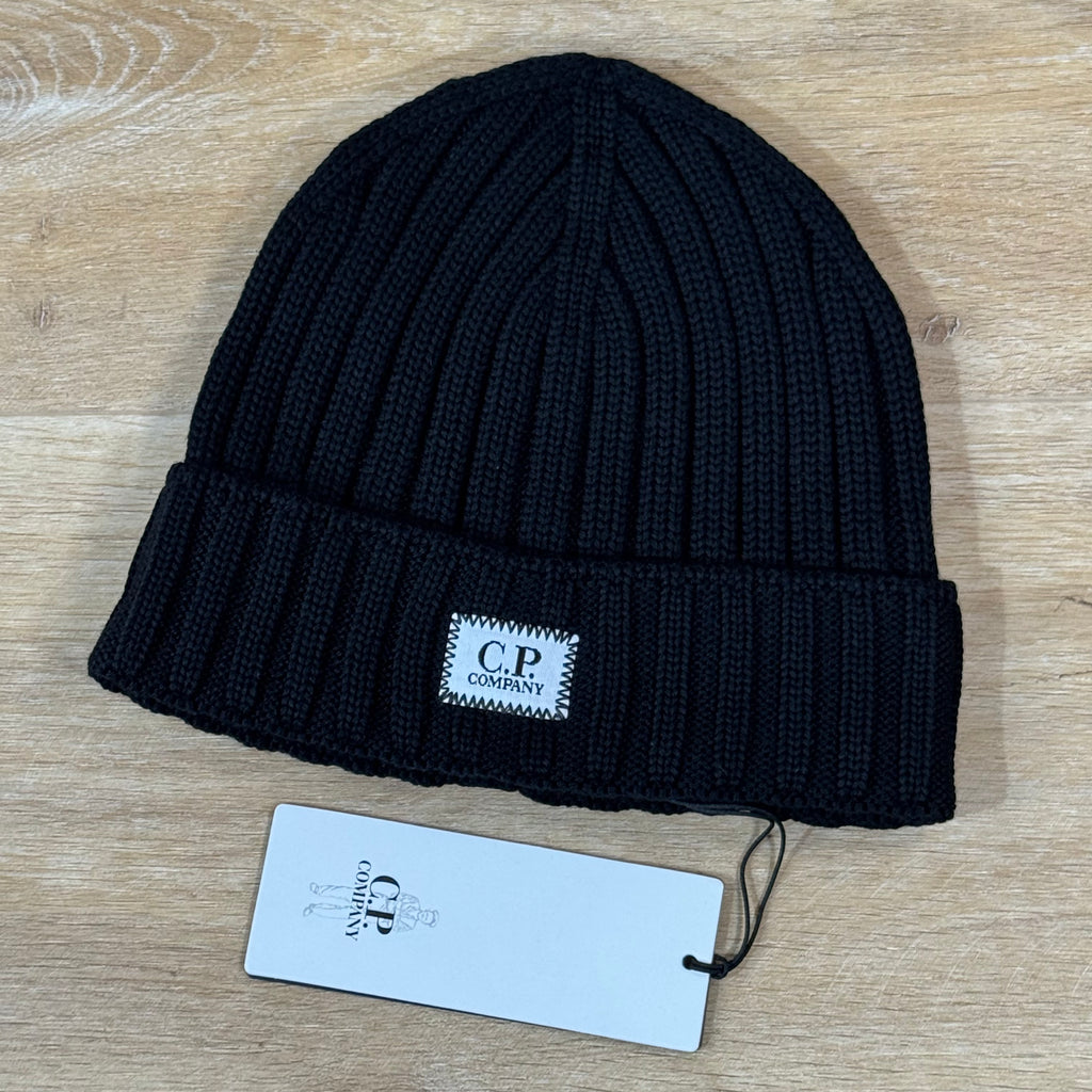 C.P. Company Extra Fine Merino Wool Logo Beanie in Black