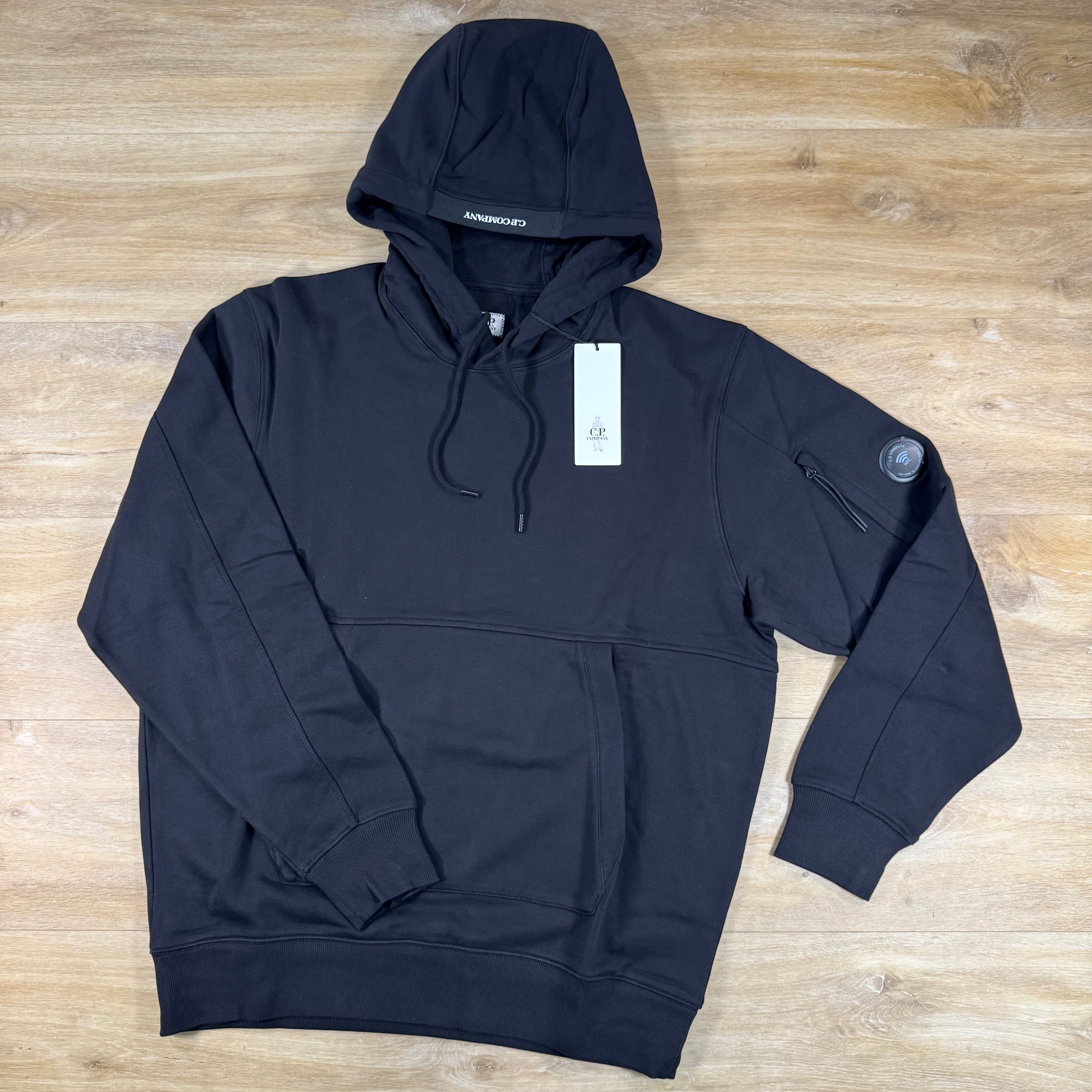 C.P. Company Diagonal Raised Fleece Lens Hoodie in Black
