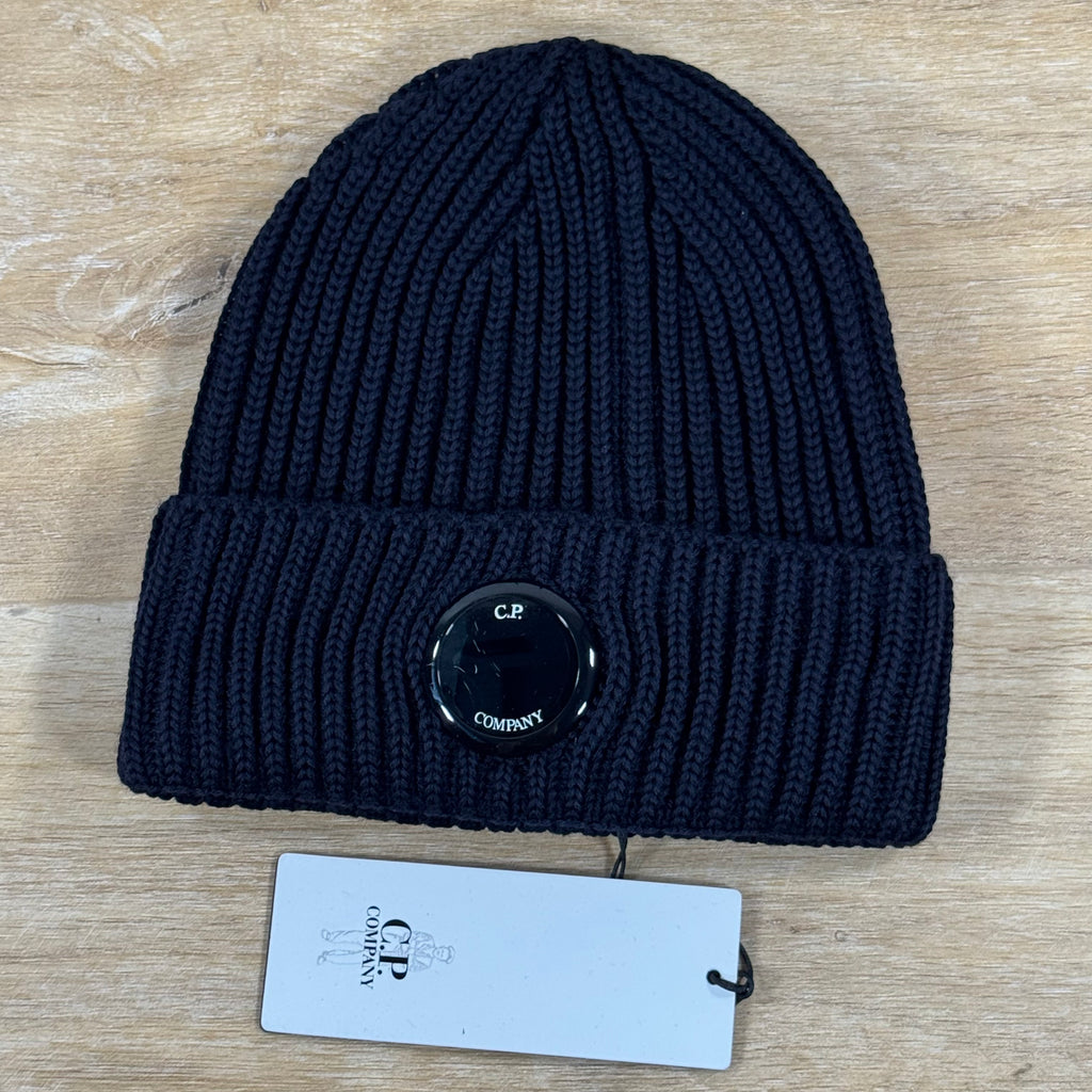 C.P. Company Extra Fine Merino Wool Lens Beanie in Navy