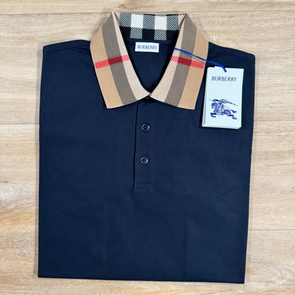 Burberry Cody Check Collar Polo Shirt in Smoked Navy