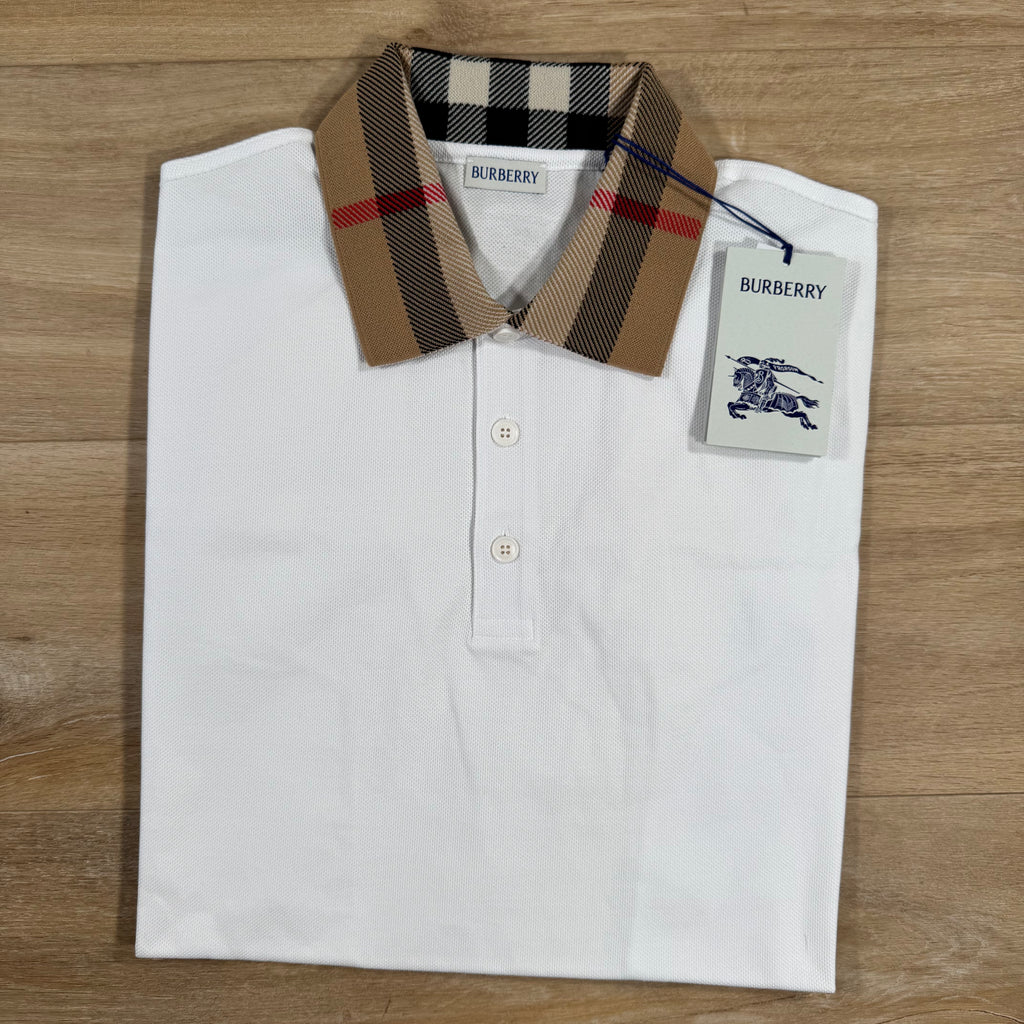 Burberry Cody Check Collar Polo Shirt in White