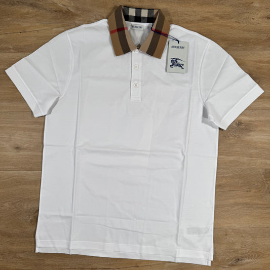 Burberry Cody Check Collar Polo Shirt in White