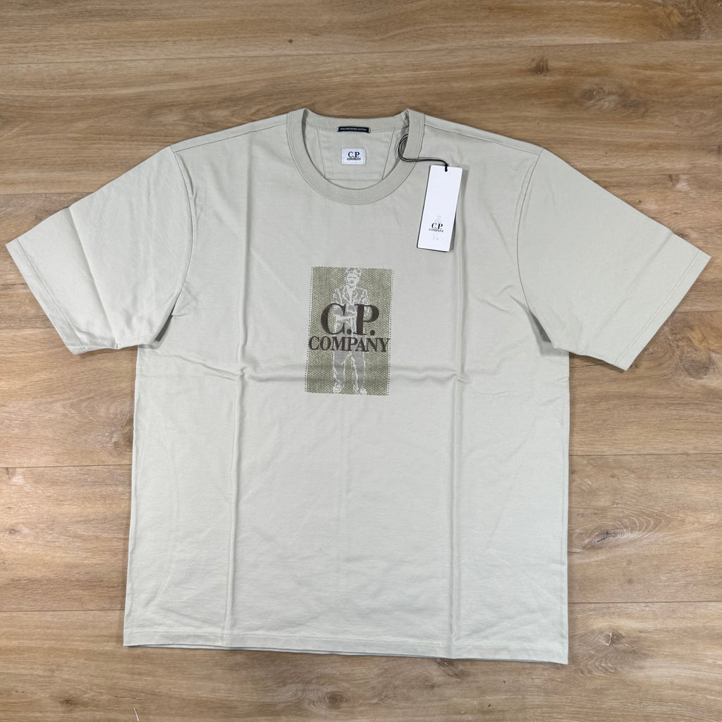 C.P. Company Mercerized Jersey Twisted Chest Logo T-Shirt in Silver Birch