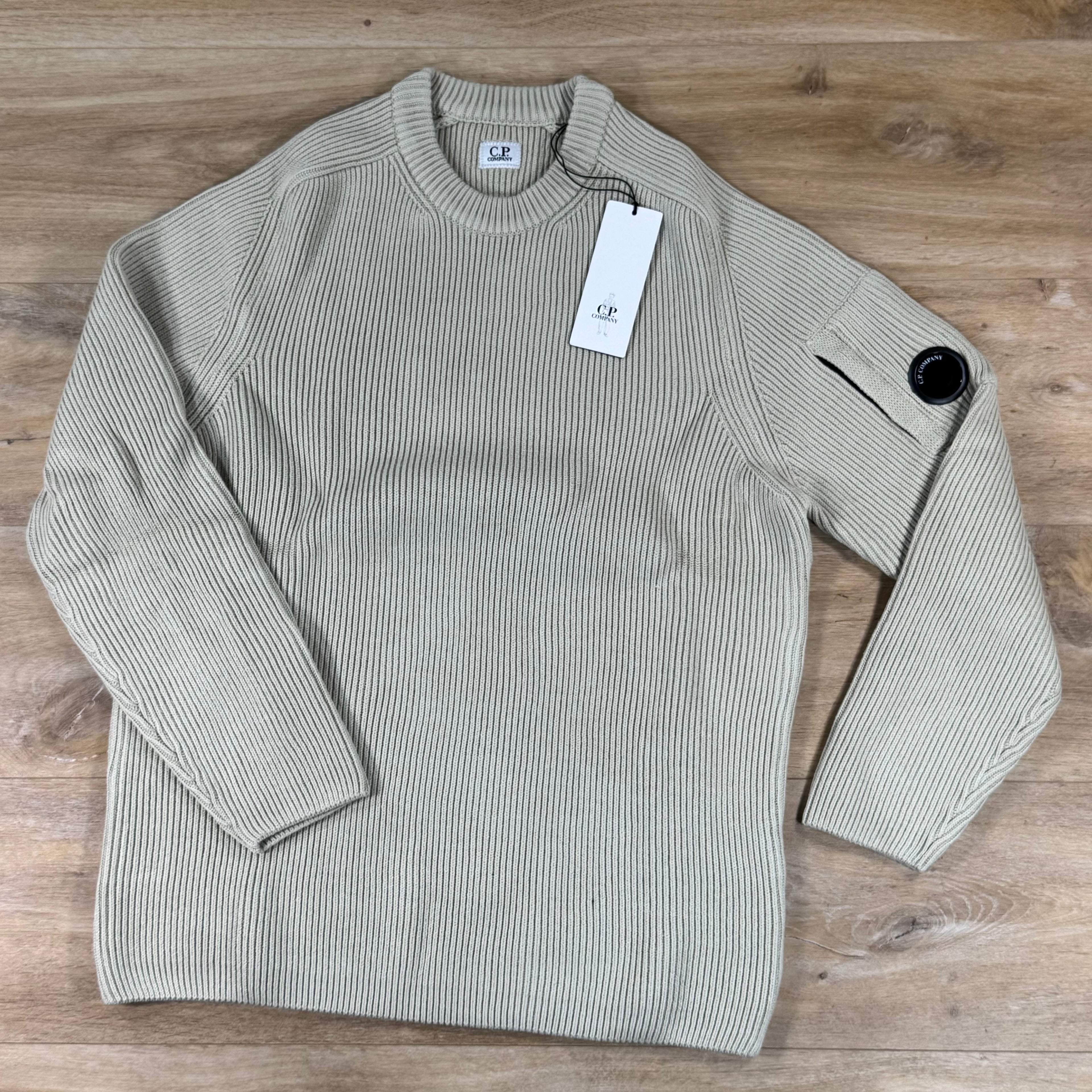 C.P. Company Full Rib Cotton Lens Crewneck Sweater in Silver Birch