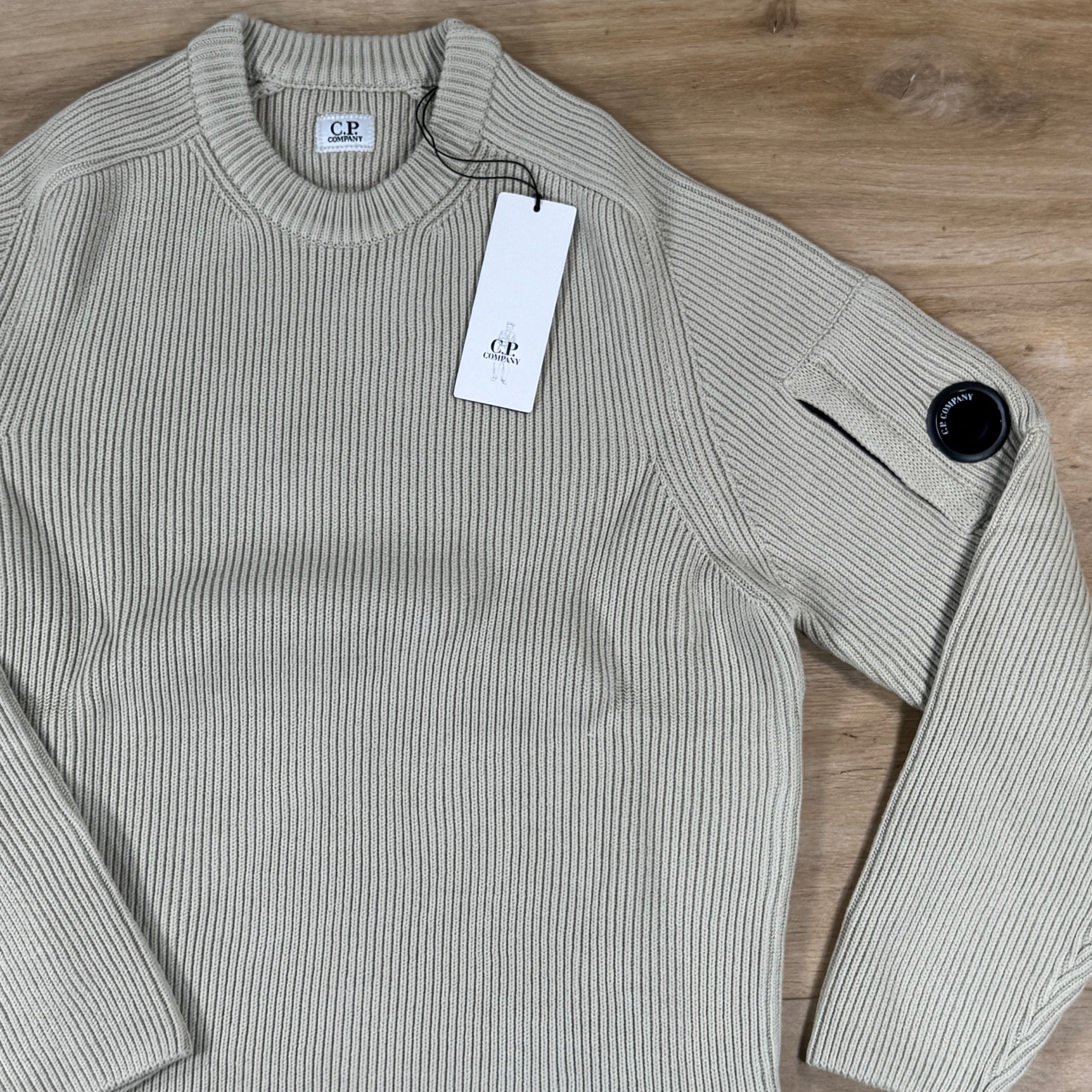 C.P. Company Full Rib Cotton Lens Crewneck Sweater in Silver Birch