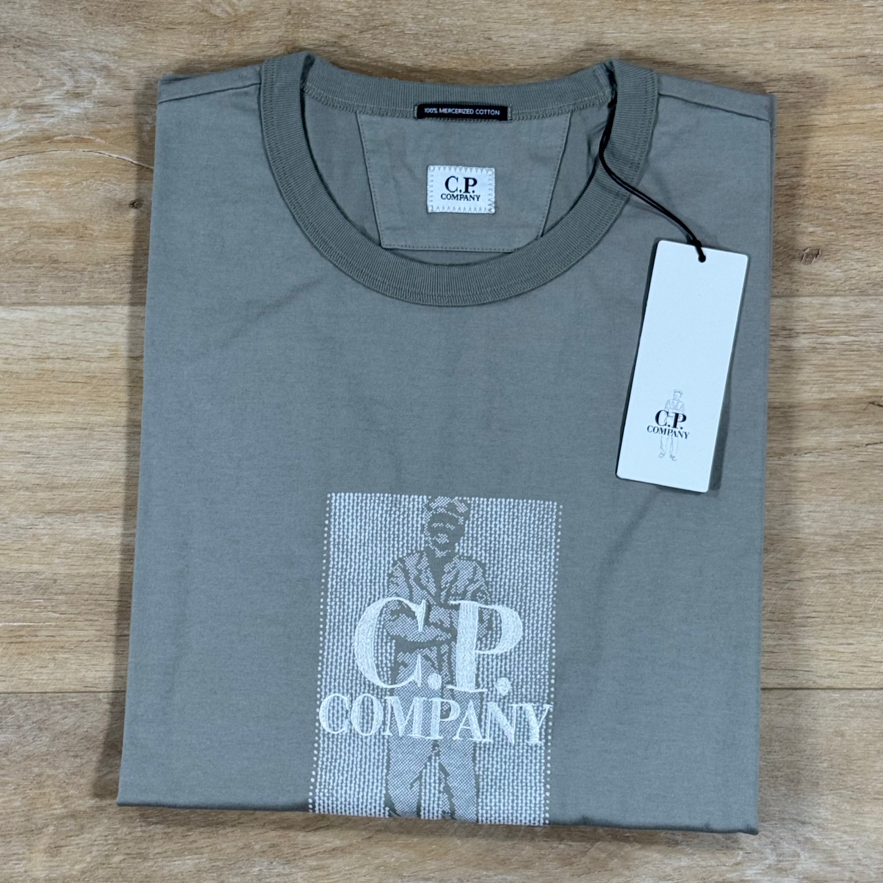 C.P. Company Mercerized Jersey Twisted Chest Logo T-Shirt in Fallen Rock - Beige