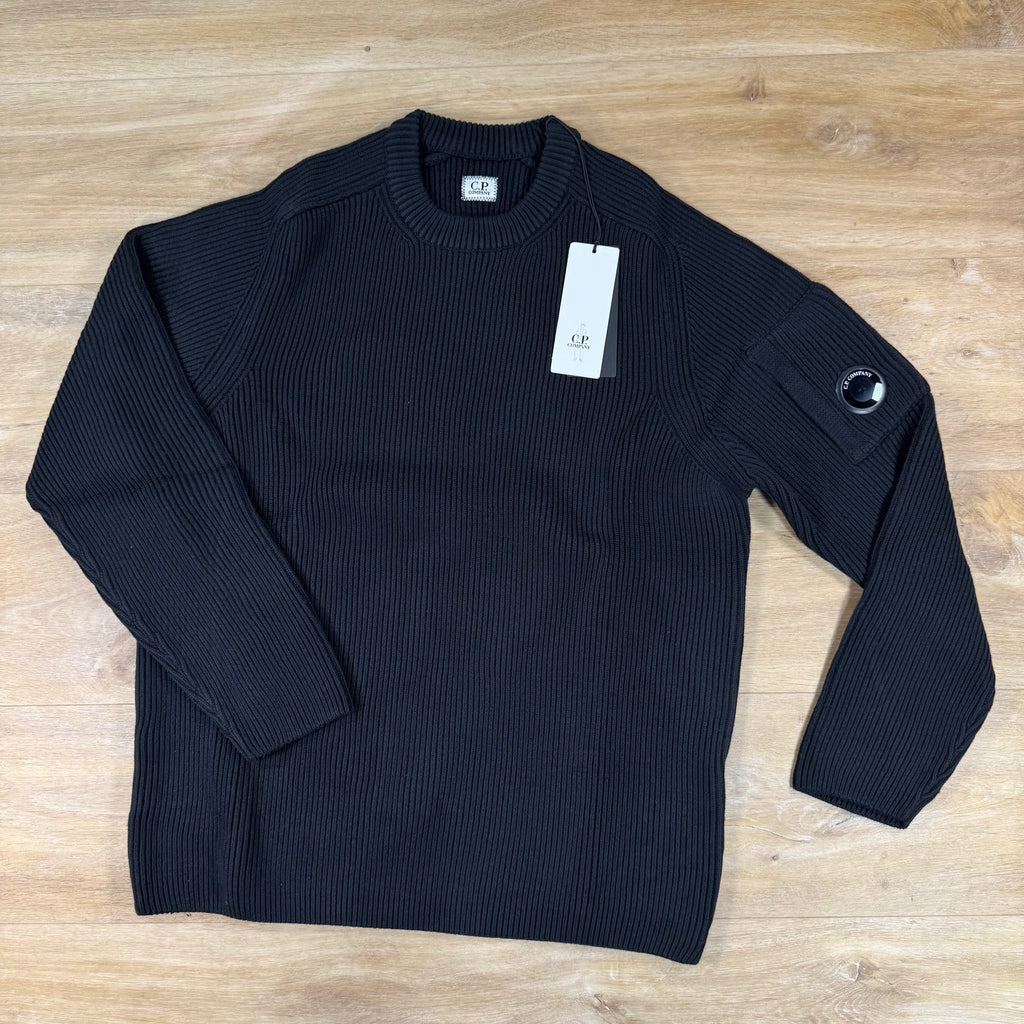 C.P. Company Full Rib Cotton Lens Crewneck Sweater in Black