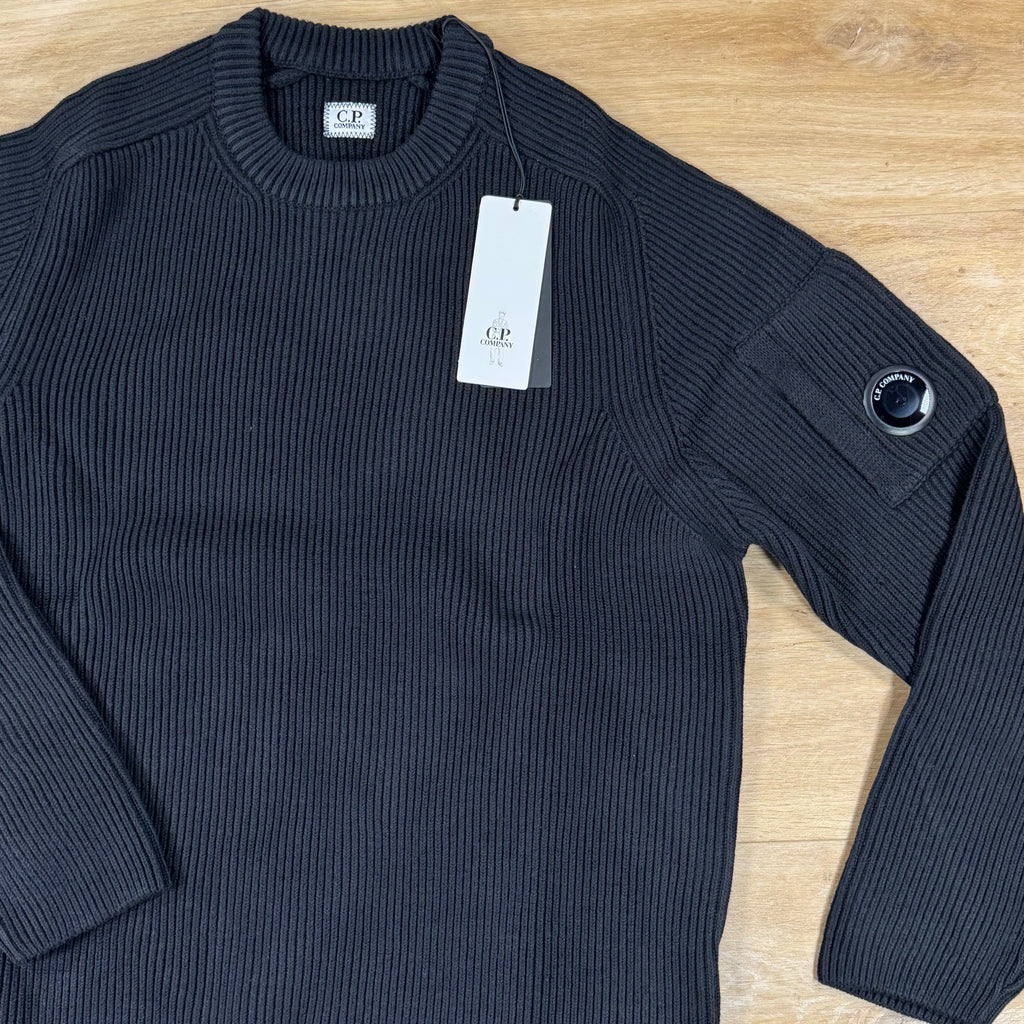 C.P. Company Full Rib Cotton Lens Crewneck Sweater in Black