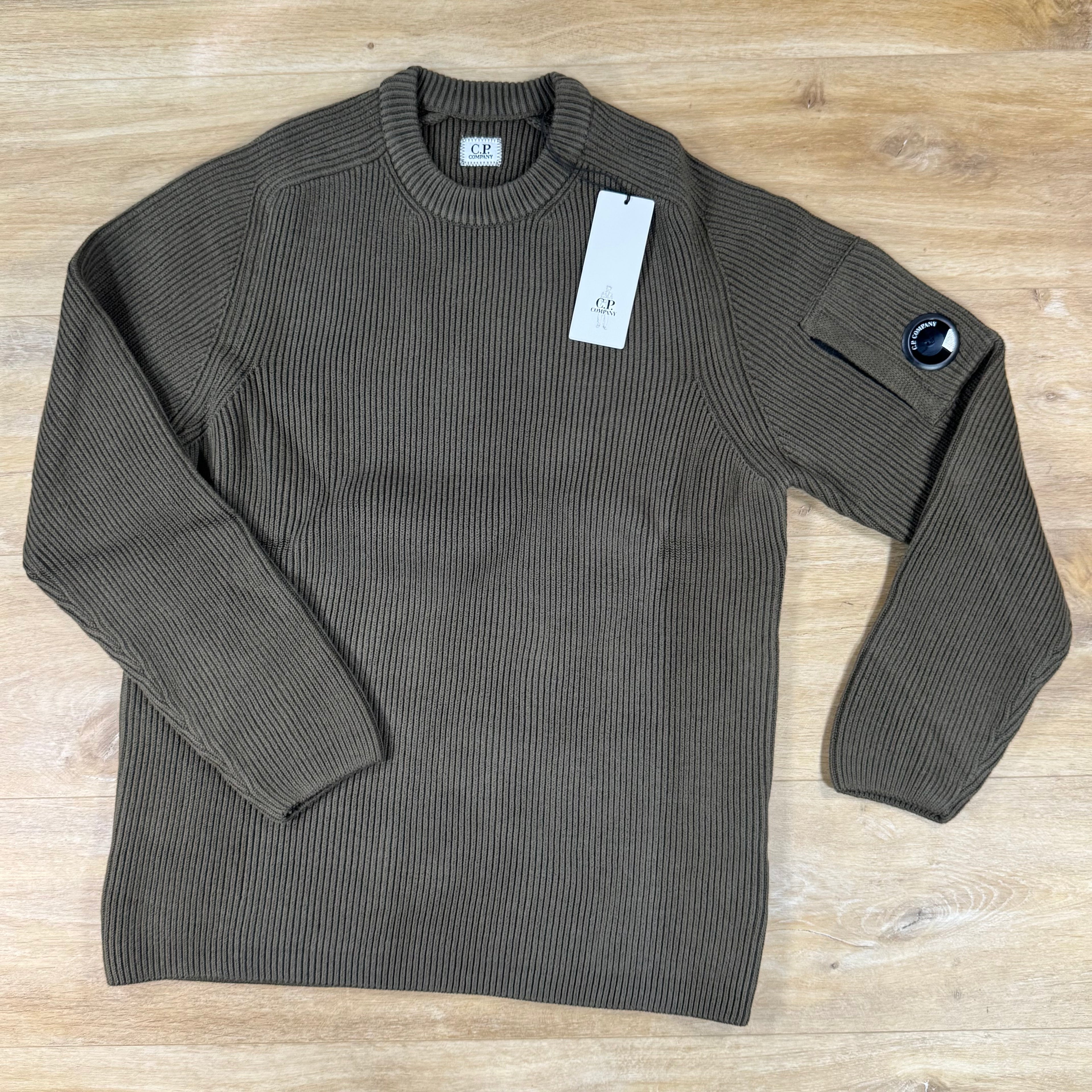 C.P. Company Full Rib Cotton Lens Crewneck Sweater in Ivy Green