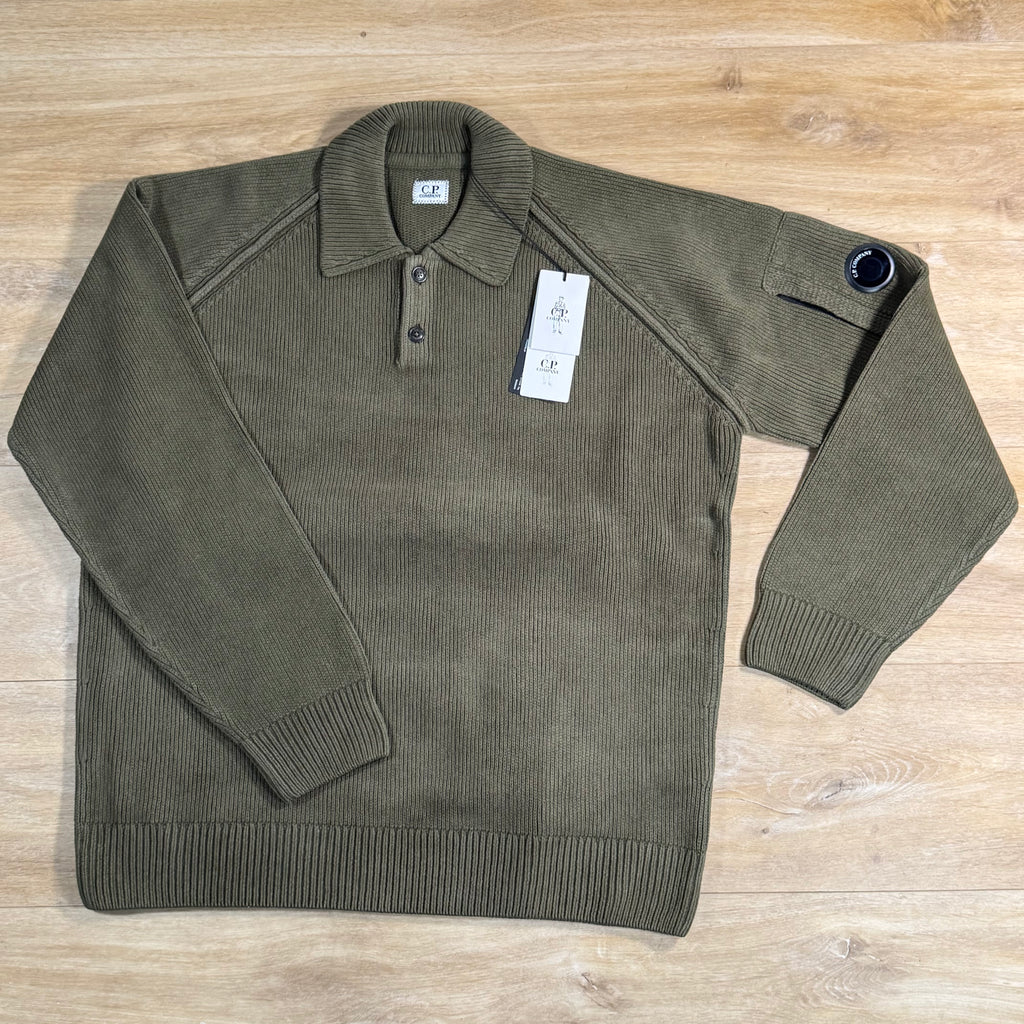 C.P. Company Chenille Cotton Lens Polo Sweater in Ivy Green