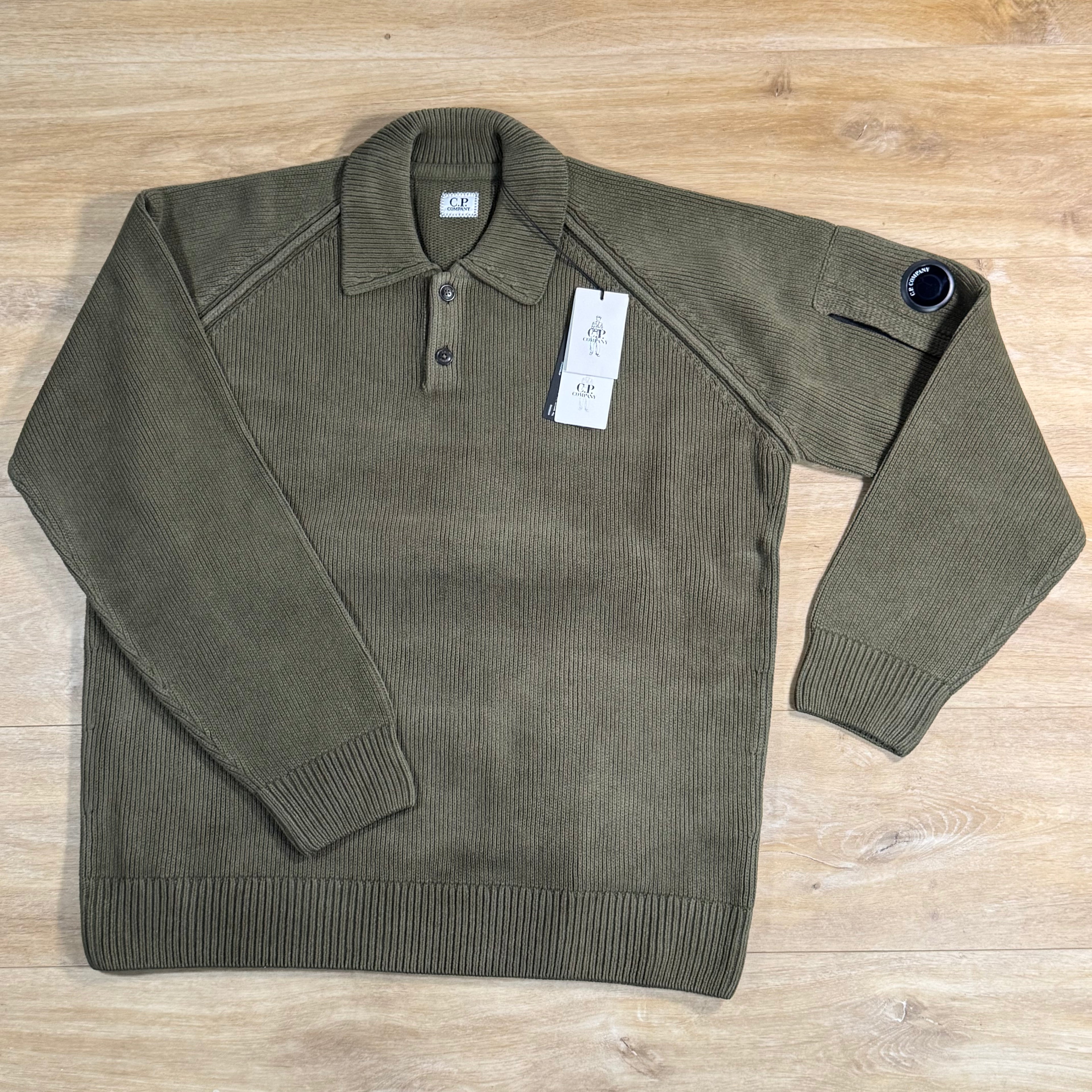 C.P. Company Chenille Cotton Lens Polo Sweater in Ivy Green