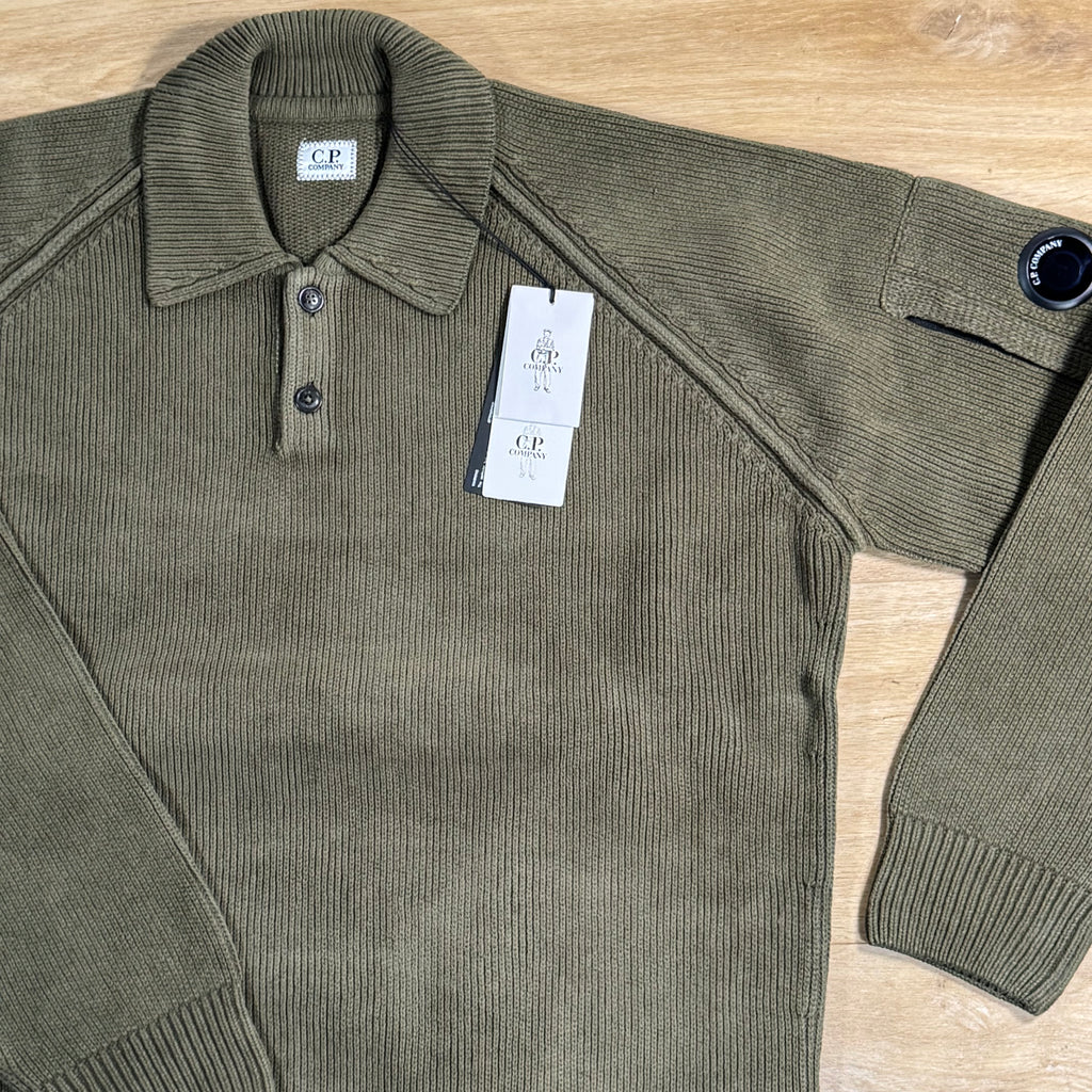 C.P. Company Chenille Cotton Lens Polo Sweater in Ivy Green