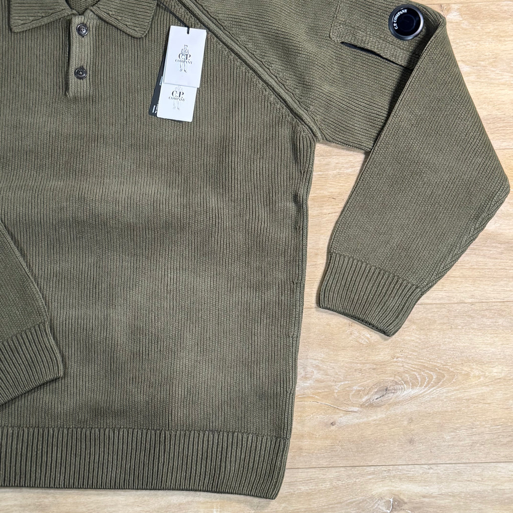 C.P. Company Chenille Cotton Lens Polo Sweater in Ivy Green