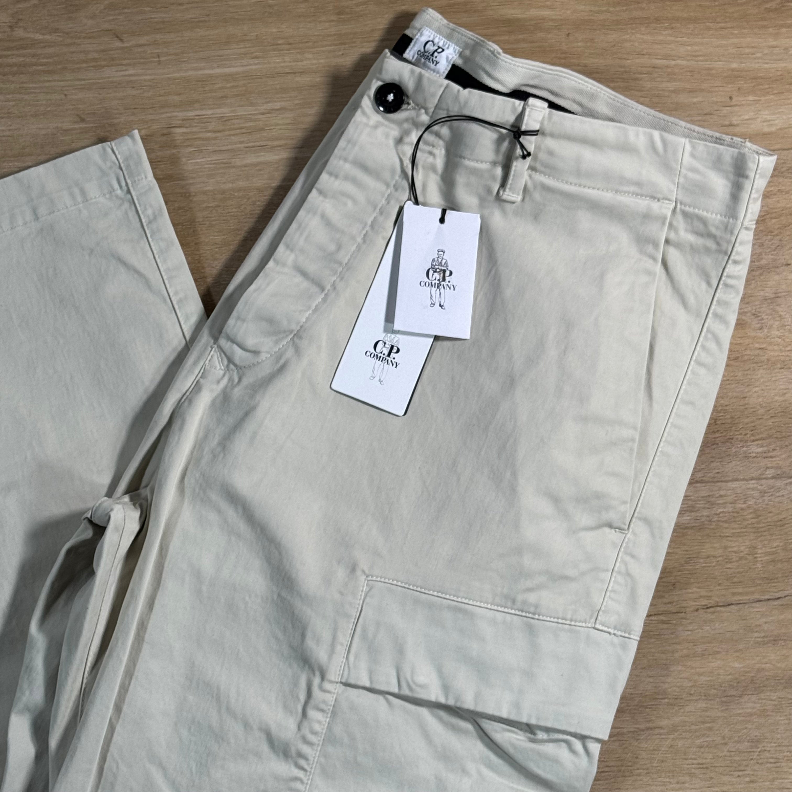 C.P. Company Stretch Sateen Lens Cargo Pants in Silver Birch