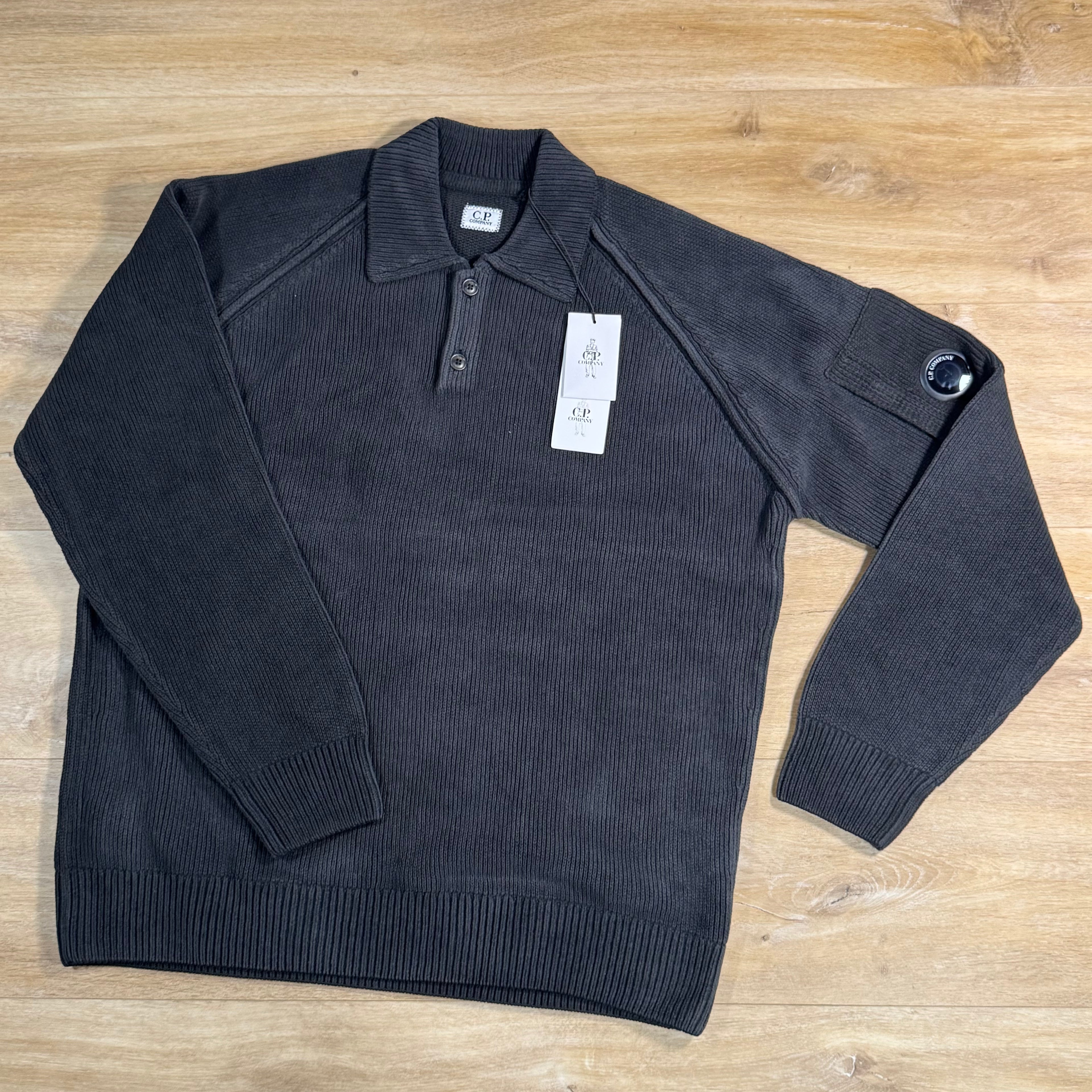 C.P. Company Chenille Cotton Lens Polo Sweater in Black