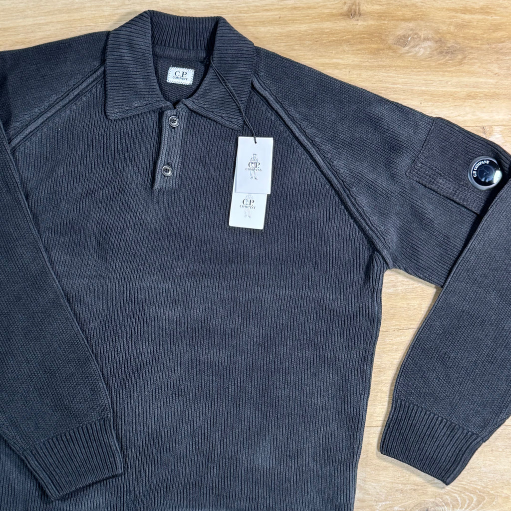 C.P. Company Chenille Cotton Lens Polo Sweater in Black