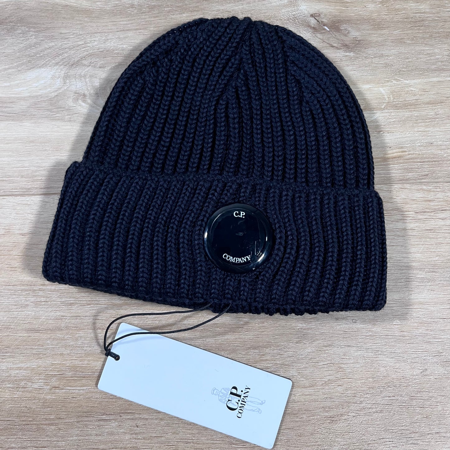C.P. Company Extra Fine Merino Wool Lens Beanie in Navy