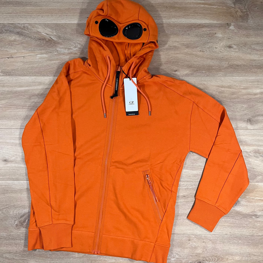 C.P. Company Diagonal Raised Fleece Goggle Hoodie in Russet Orange