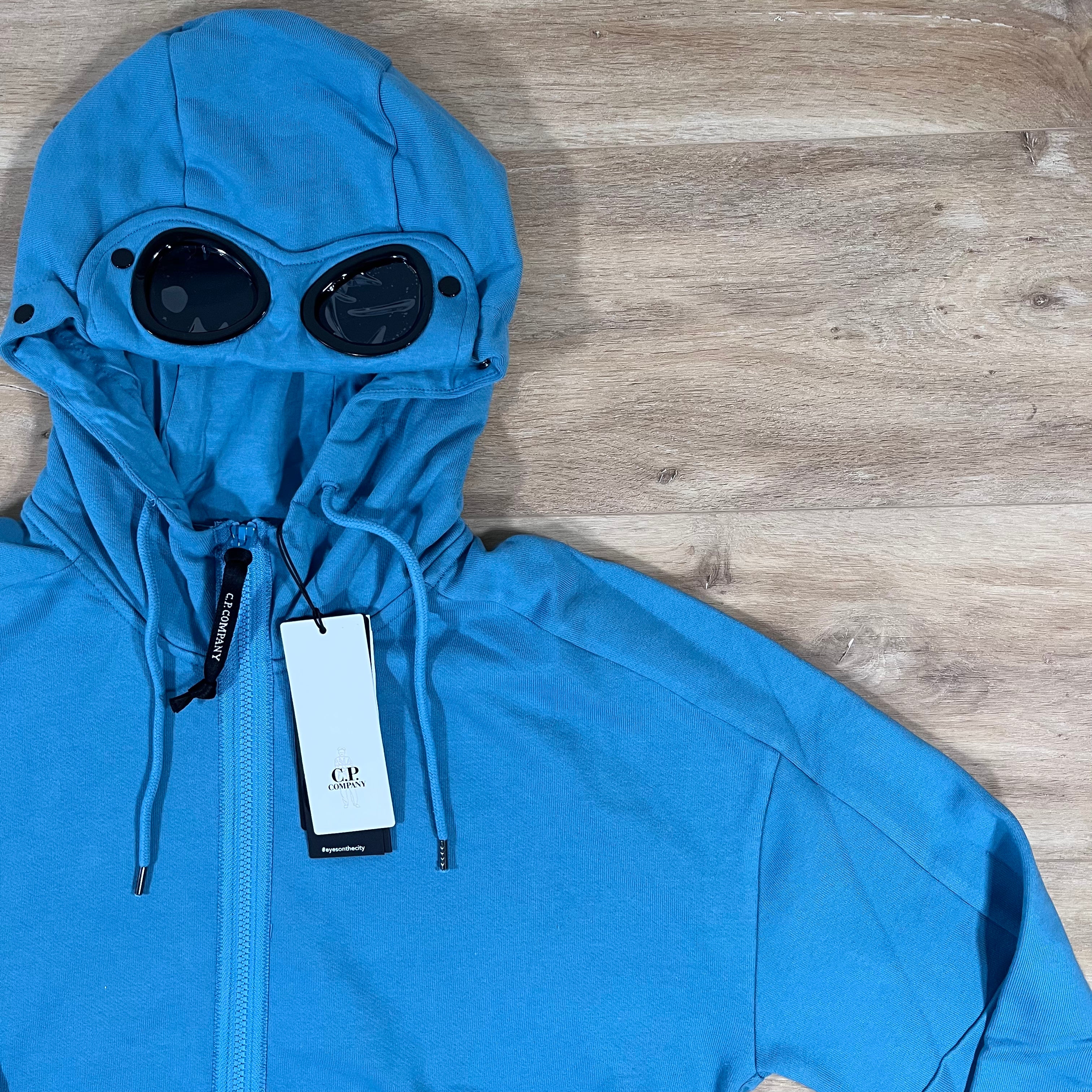 diagonal raised fleece goggle hoodie C.P. Company Diagonal Raised Fleece Goggle Hoodie in Aegean Blue – Label Menswear