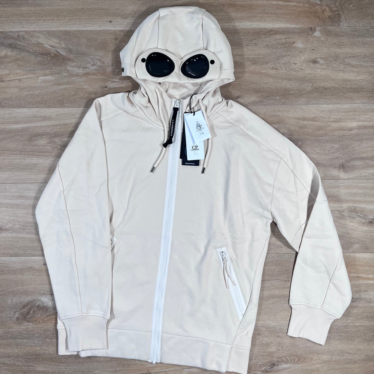 C.P. Company Diagonal Raised Fleece Goggle Hoodie in Pistachio Shell