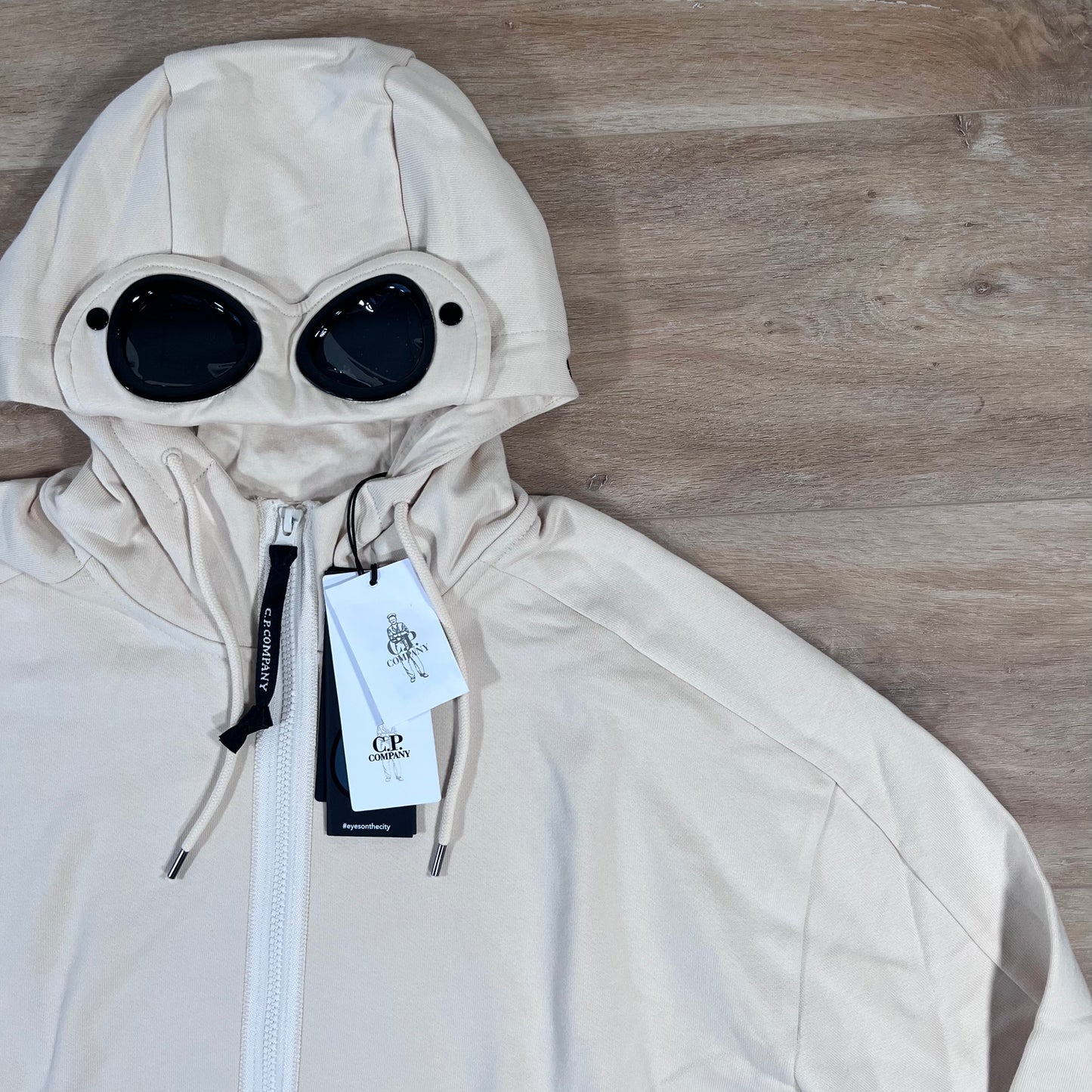 C.P. Company Diagonal Raised Fleece Goggle Hoodie in Pistachio Shell