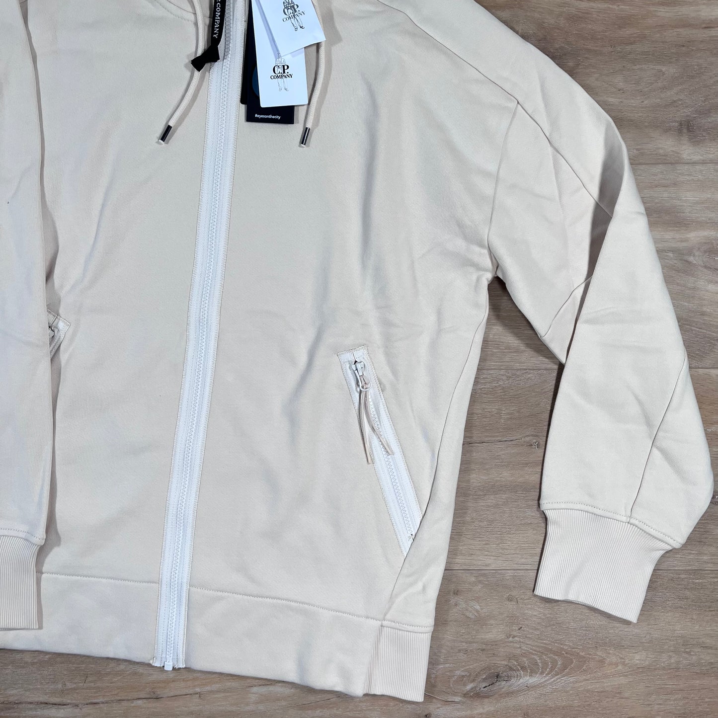 C.P. Company Diagonal Raised Fleece Goggle Hoodie in Pistachio Shell