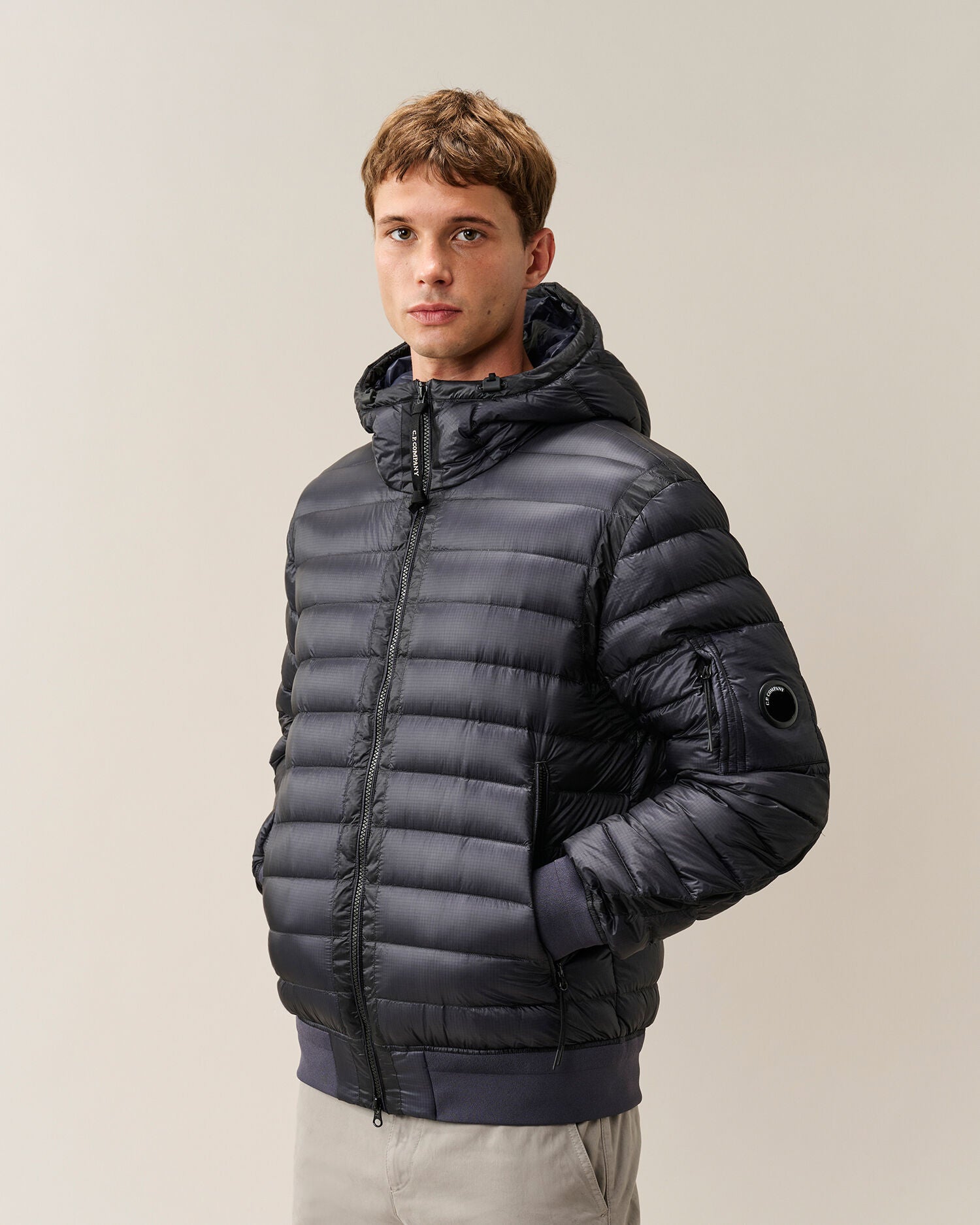 C.P. Company D.D. Shell Hooded Lens Down Jacket in Navy
