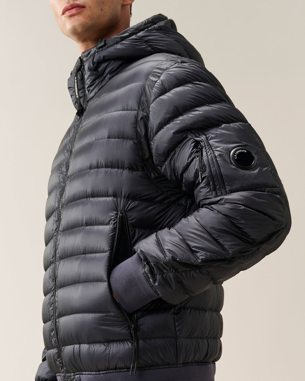 C.P. Company D.D. Shell Hooded Lens Down Jacket in Navy
