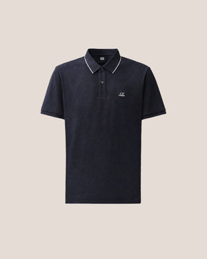 C.P. Company Stretch Piquet Striped Collar Polo Shirt in Navy