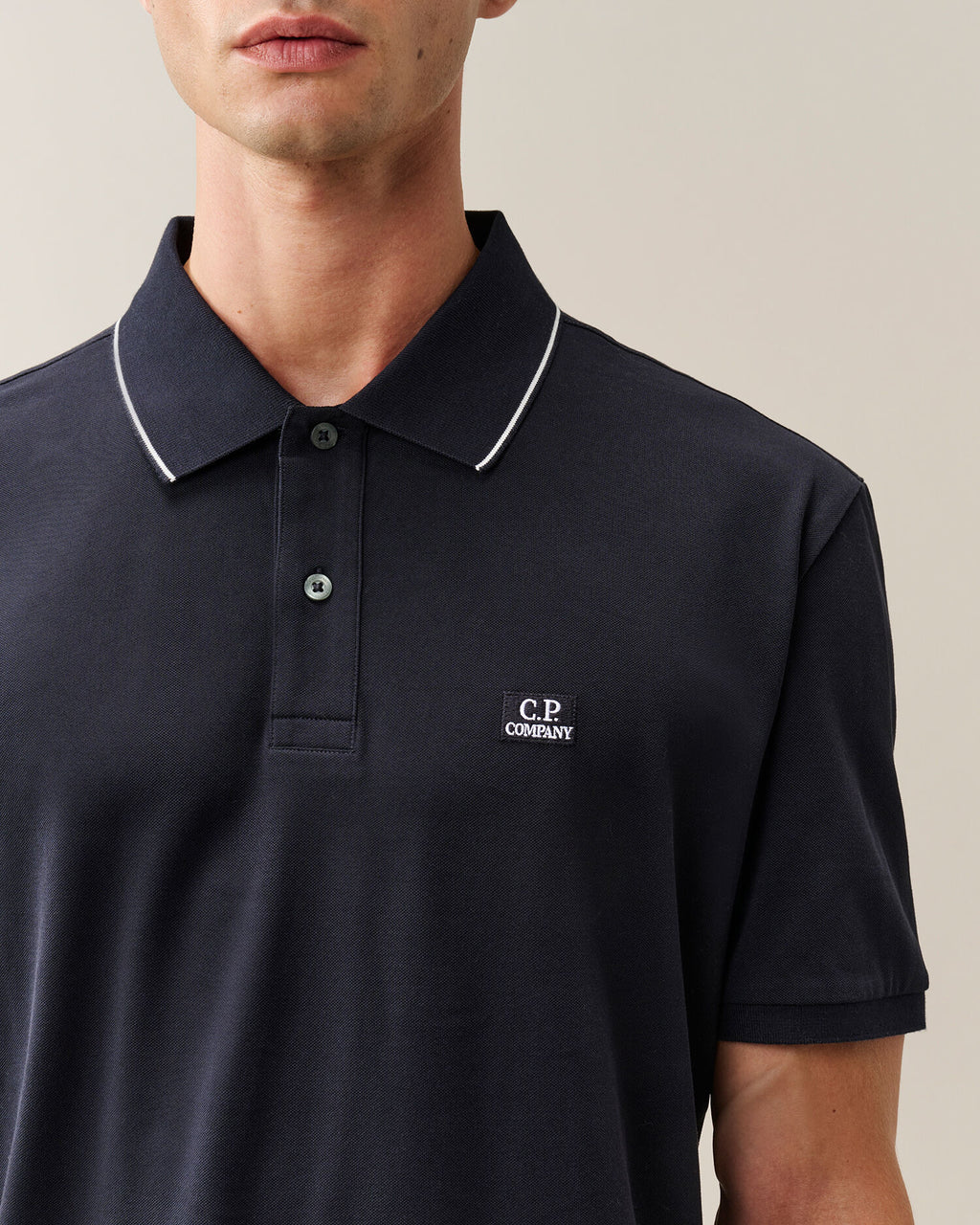 C.P. Company Stretch Piquet Striped Collar Polo Shirt in Navy