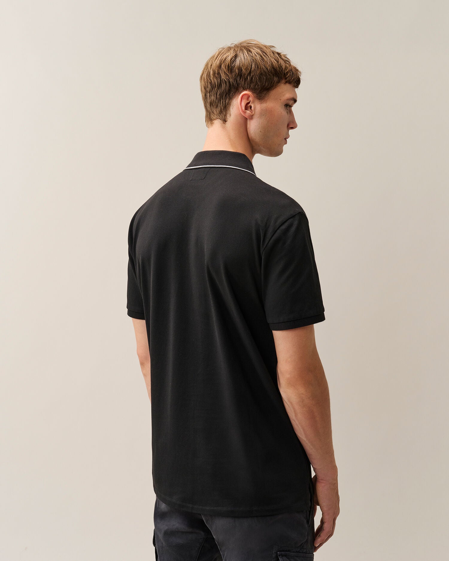 C.P. Company Stretch Piquet Striped Collar Polo Shirt in Black