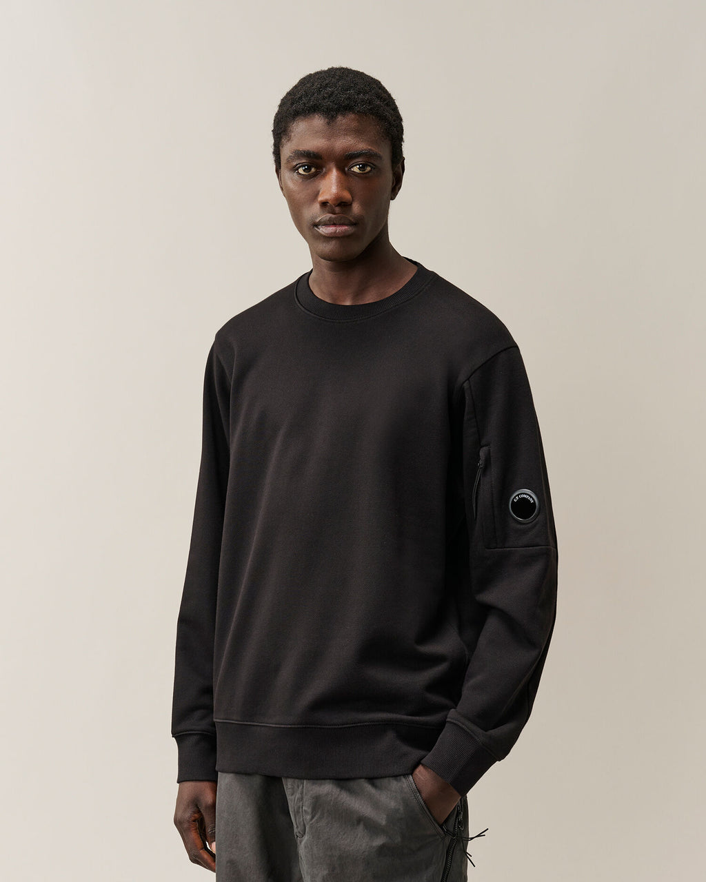 C.P. Company Diagonal Raised Fleece Crewneck Lens Sweatshirt in Black