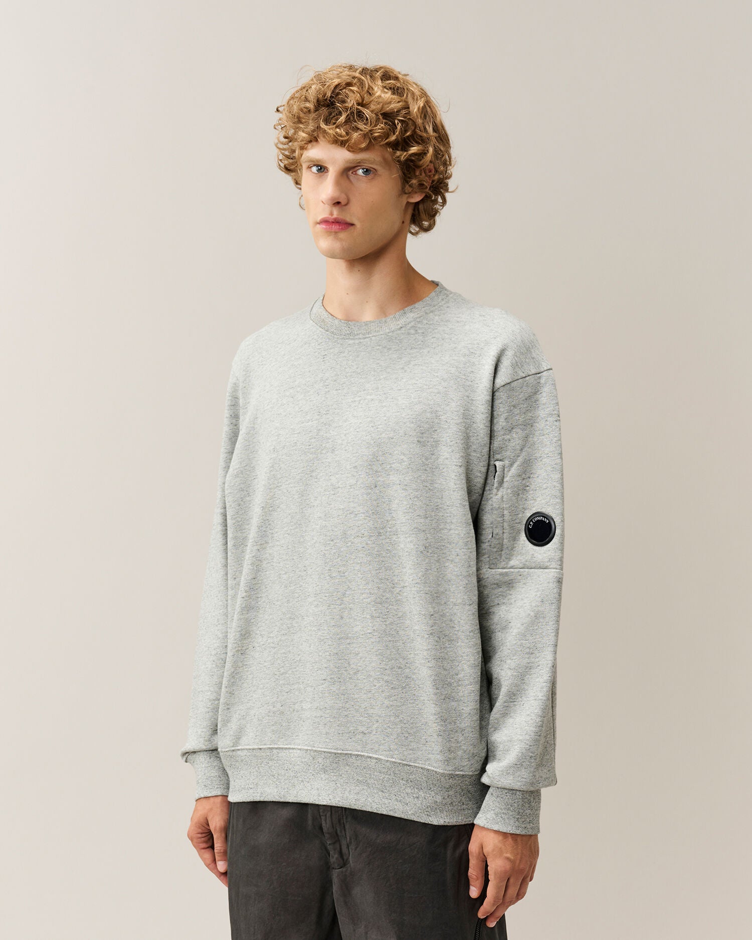 C.P. Company Diagonal Raised Fleece Crewneck Lens Sweatshirt in Grey Melange